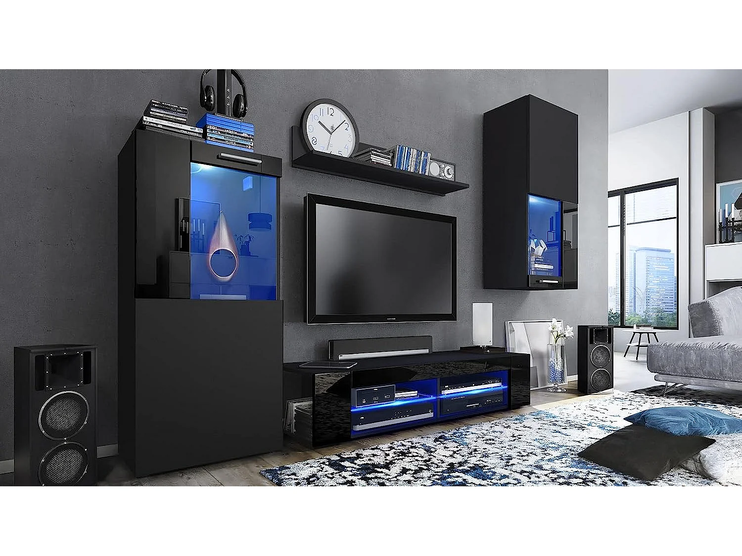 Meubles de salon en noir mat et laqué  avec leds bleus