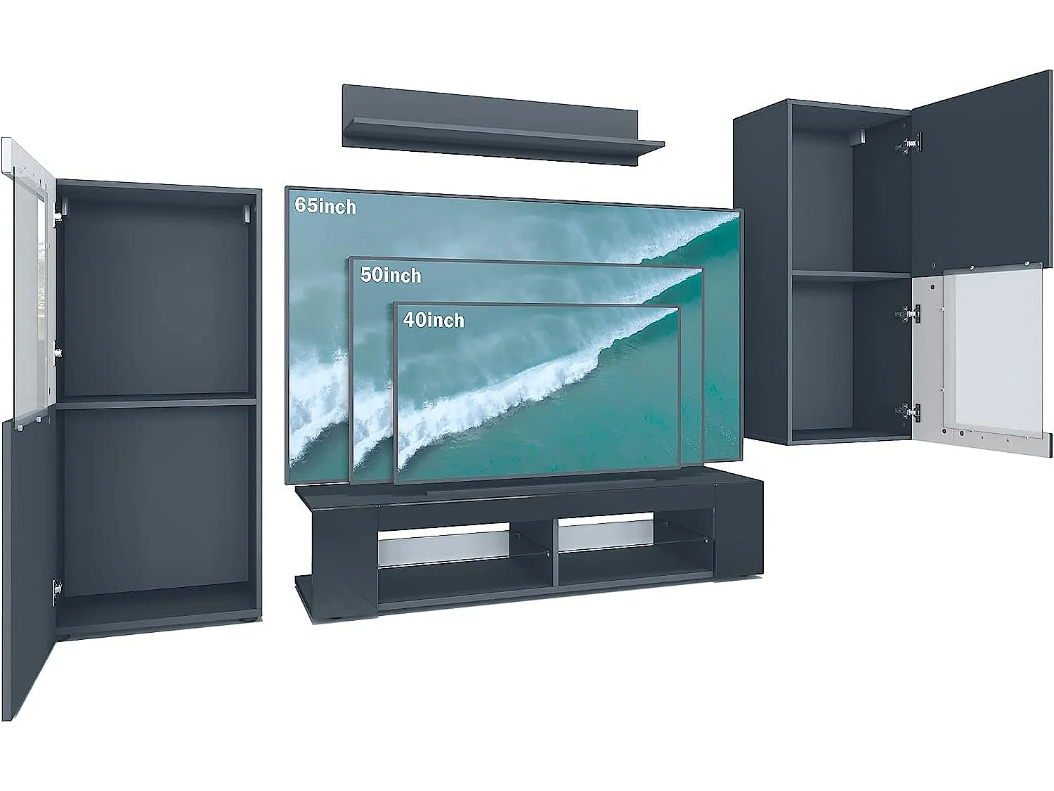 Meubles de salon en noir mat et laqué  avec leds bleus