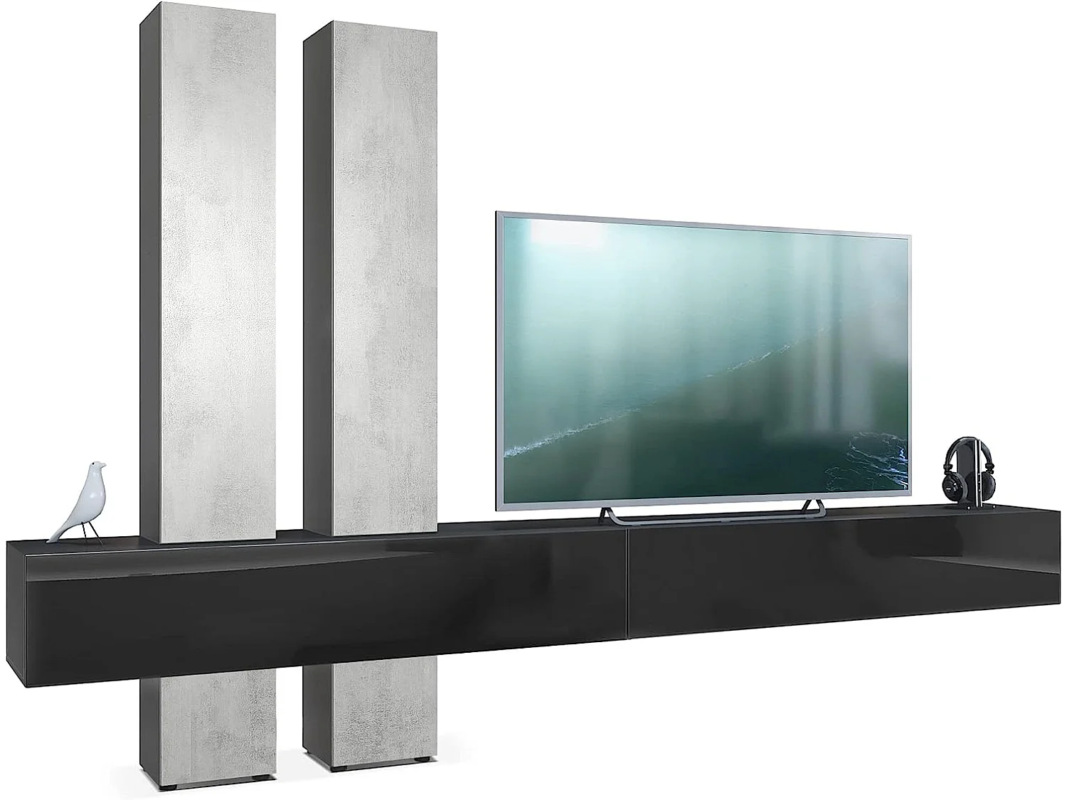 Combinaison Murale  Corps en Noir Mat/Façades en Noir Haute Brillance et Aspect Béton Oxyde (HxLxP): 204 x 330 x 39