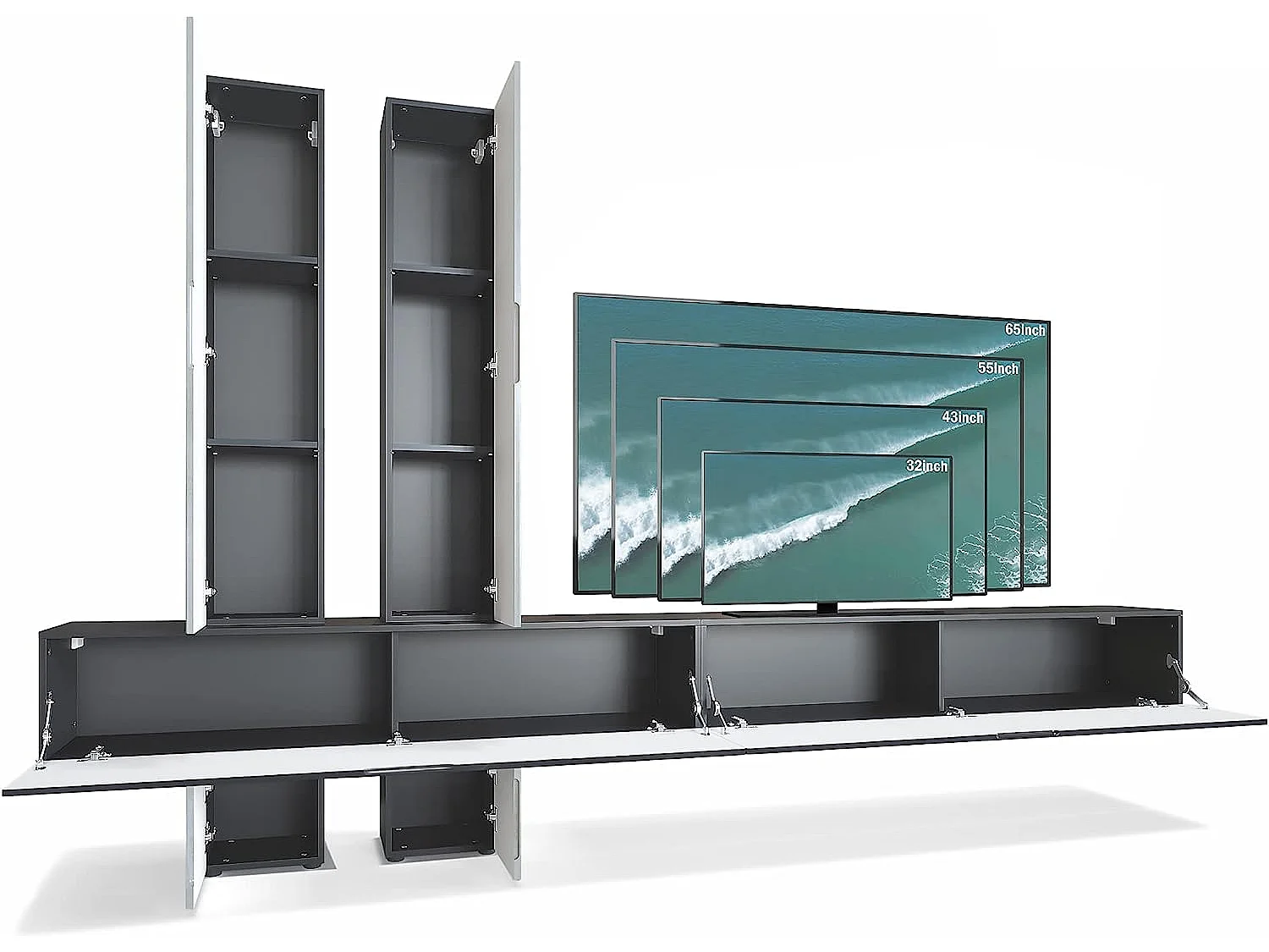 Combinaison Murale  Corps en Noir Mat/Façades en Noir Haute Brillance et Aspect Béton Oxyde (HxLxP): 204 x 330 x 39