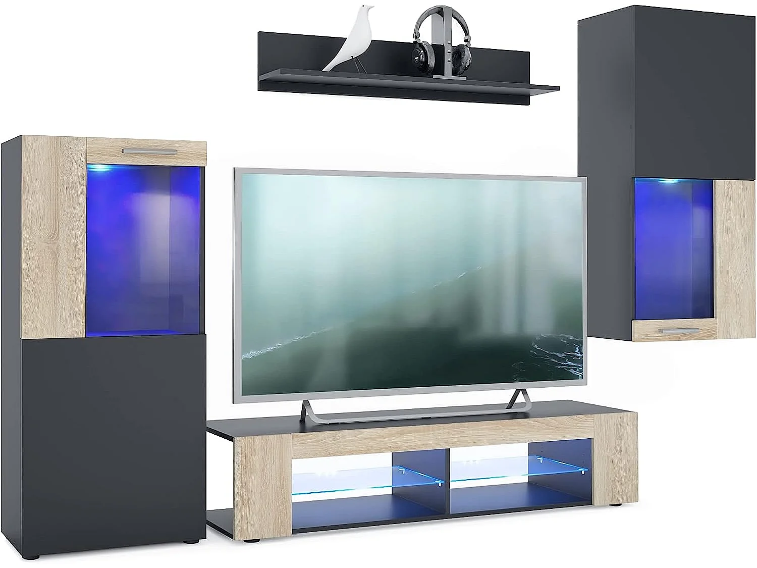 Meubles de salon en noir et aspect chêne leds bleus