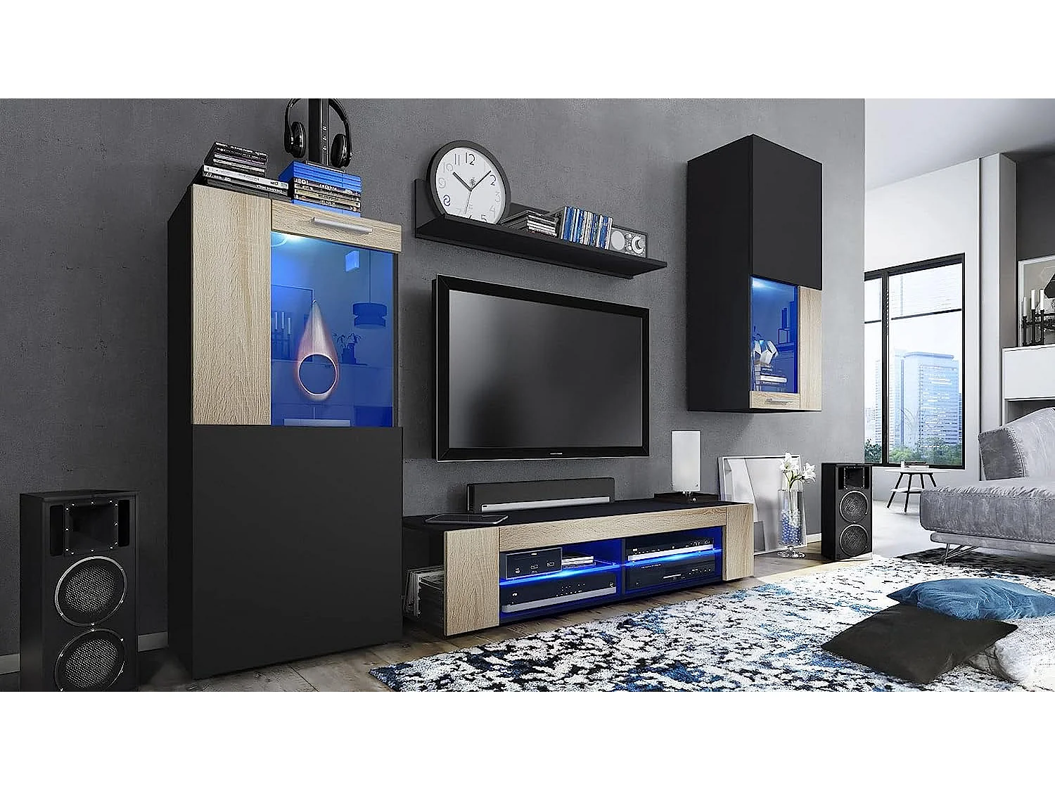 Meubles de salon en noir et aspect chêne leds bleus