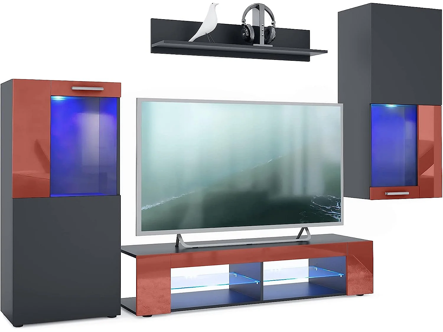 Meubles de salon en noir et bordeaux avec leds bleus