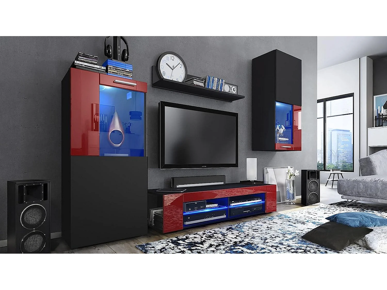 Meubles de salon en noir et bordeaux avec leds bleus