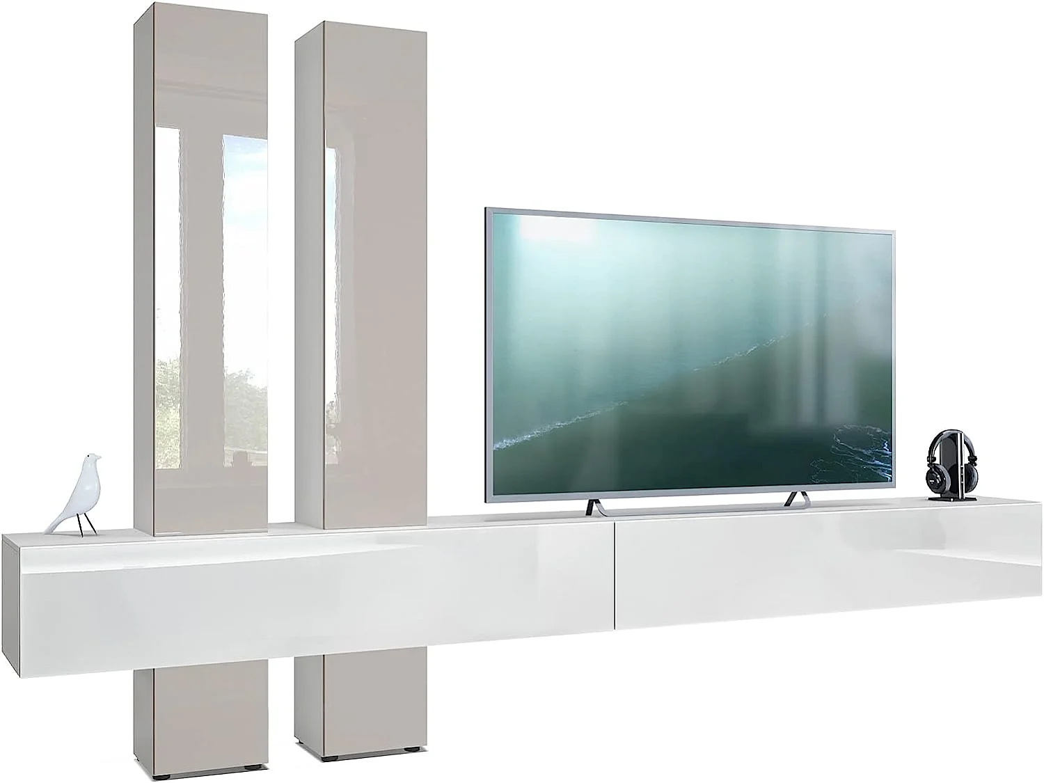 Combinaison Murale  Corps en Blanc Mat/Façades en Blanc Haute Brillance et Gris Sable Haute Brillance  (HxLxP): 204 x 330 x 39