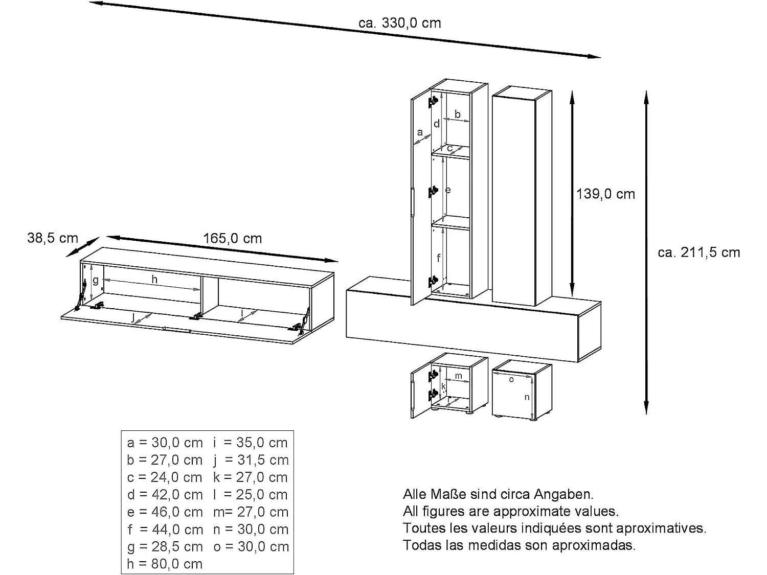 Combinaison Murale Corps en Blanc Mat/Façades en Blanc Haute Brillance et Avola-Anthracite (HxLxP): 204 x 330 x 39