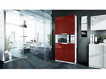 Armoire de rangement avec 5 compartiments et 4 portes, blanc mat/bordeaux haute brillance (82 x 184 x 37 cm)