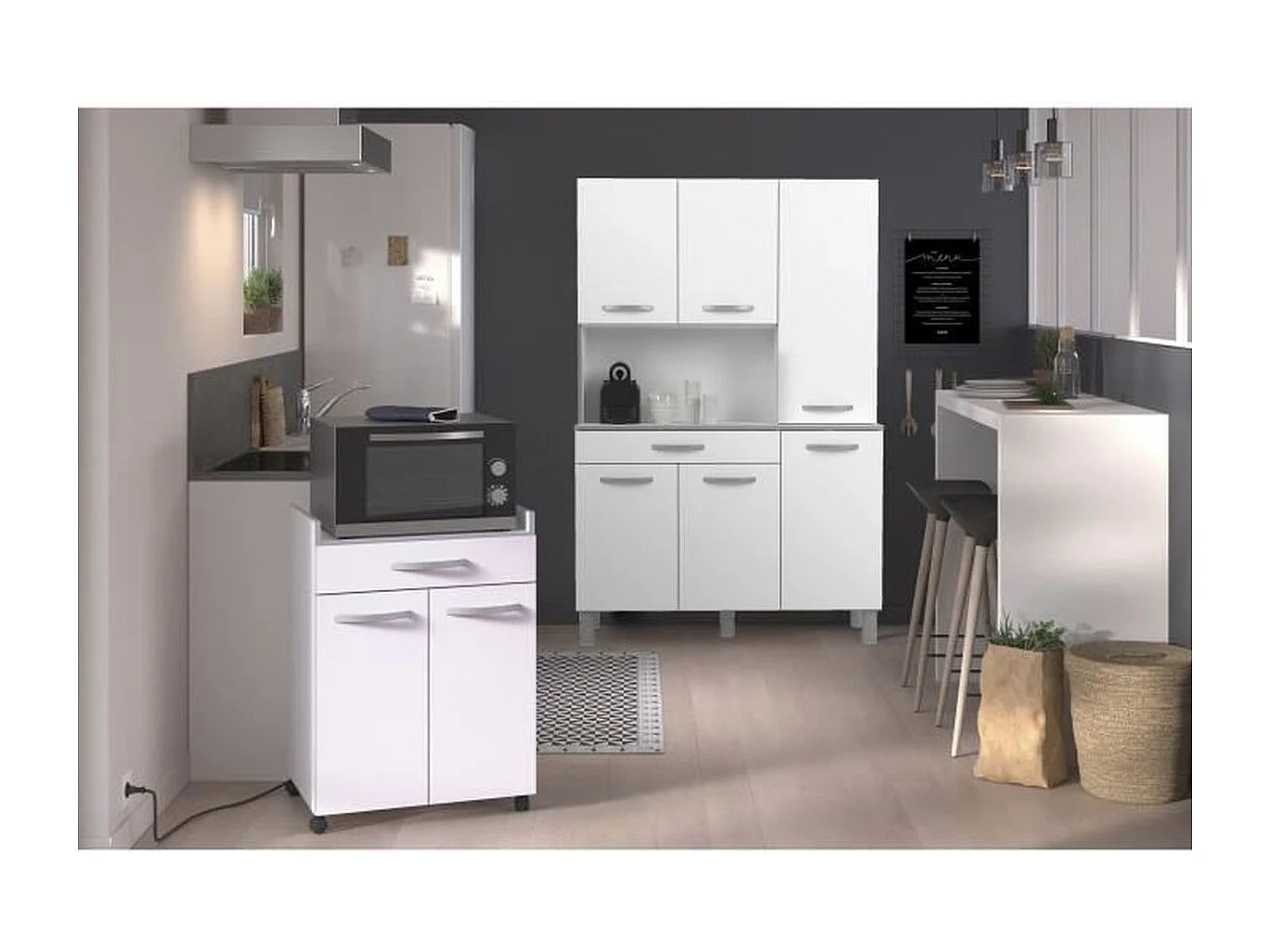 Buffet de cuisine EKIPA OSLO 120 cm - 1 tiroir, 6 portes et niche - Blanc laqué