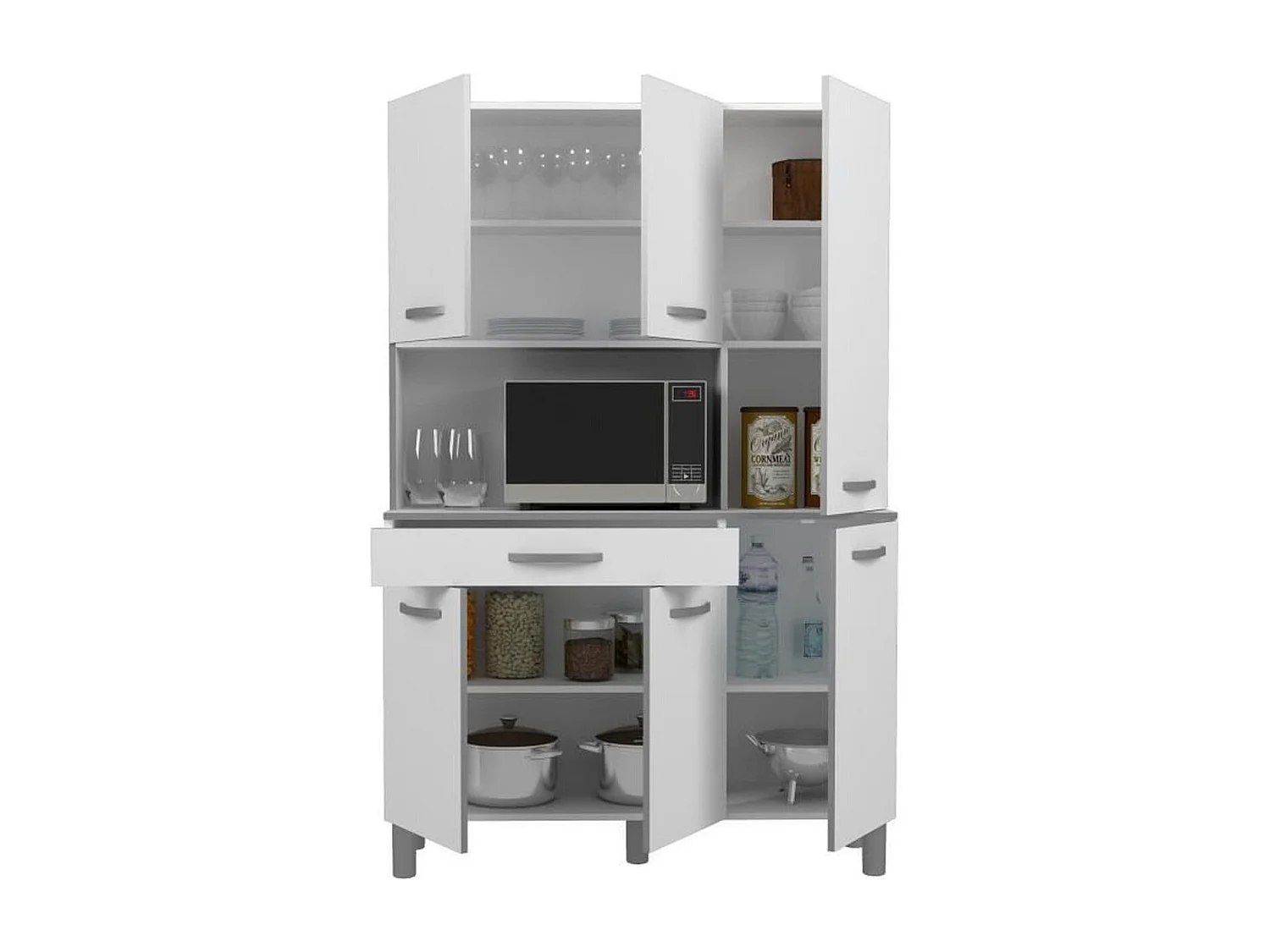 Buffet de cuisine EKIPA OSLO 120 cm - 1 tiroir, 6 portes et niche - Blanc laqué