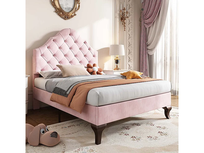 Cama tapizada de terciopelo 90x200 cm con cabecero regulable + somier - Rosa
