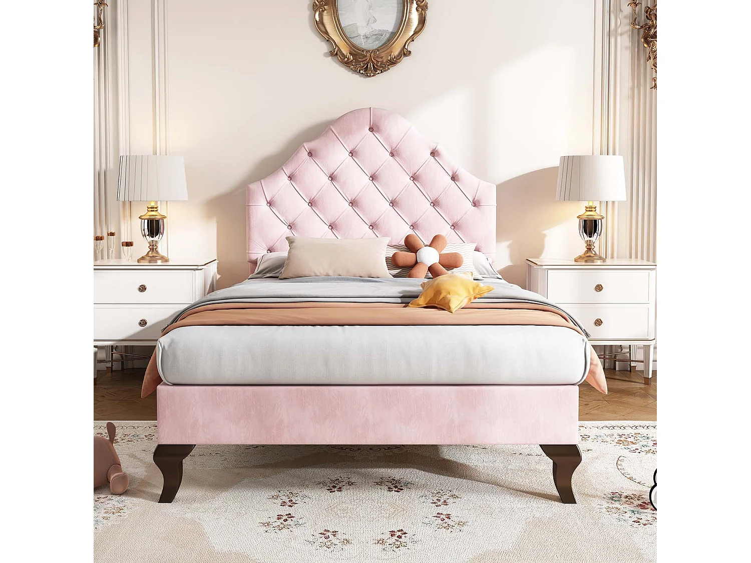 Gestoffeerd bed 90x200cm in fluweel met verstelbaar hoofdeinde + lattenbodem - Roze