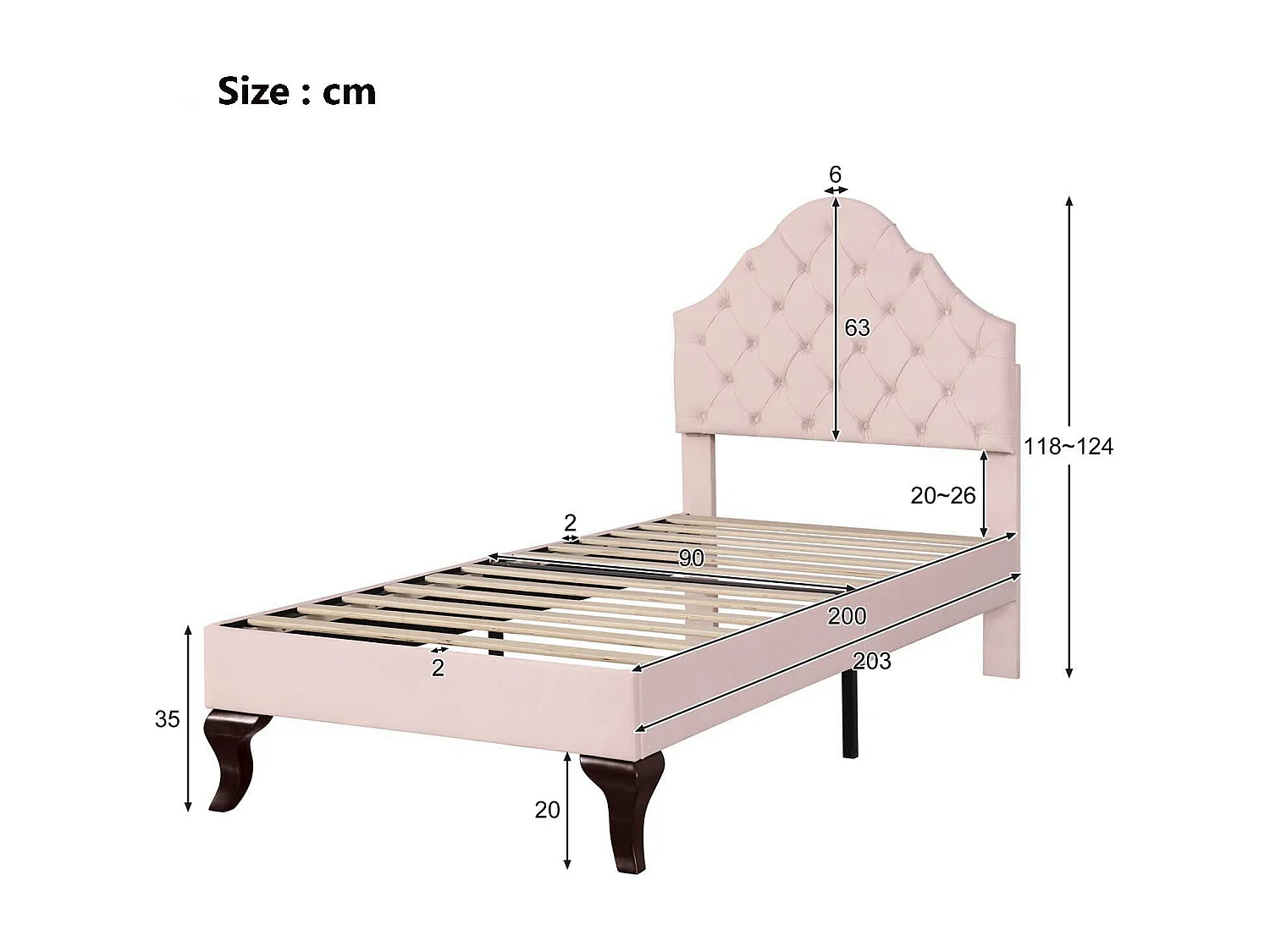 Gestoffeerd bed 90x200cm in fluweel met verstelbaar hoofdeinde + lattenbodem - Roze