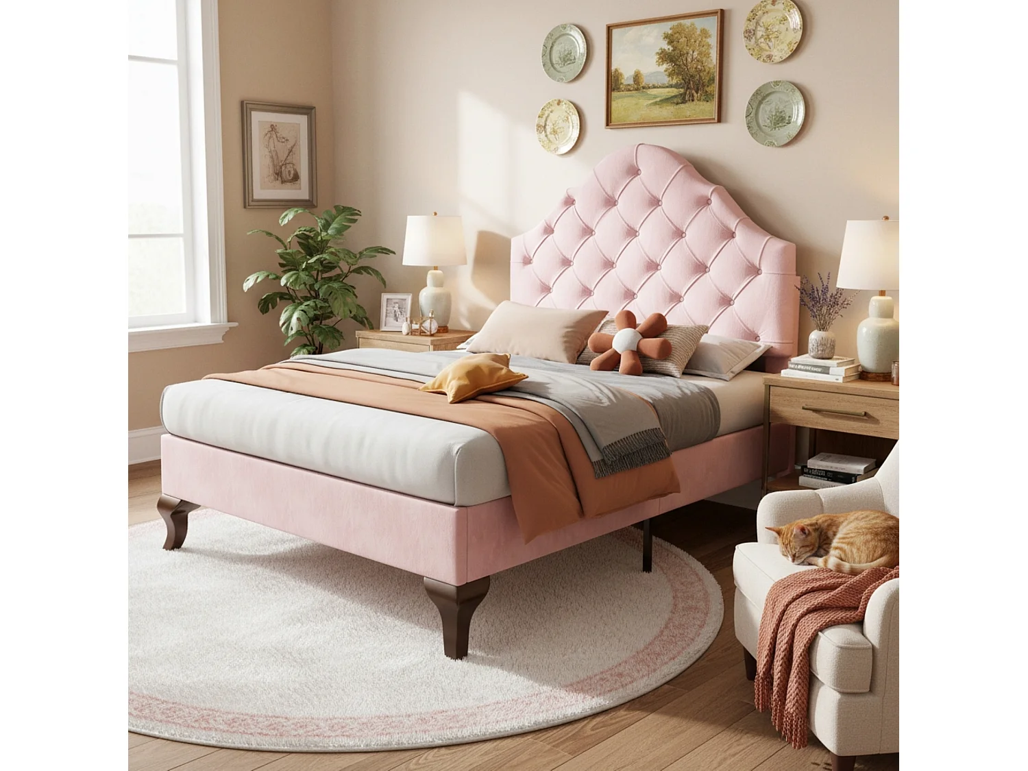 Lit rembourré 90x200cm en velours avec tête de lit réglable + sommier à lattes - Rose