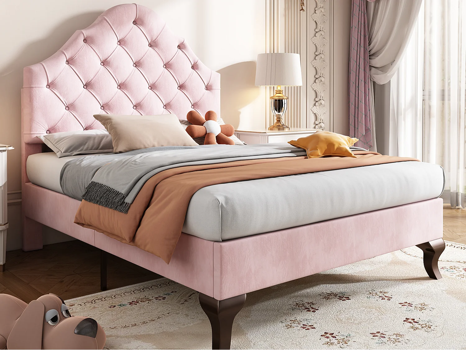 Lit rembourré 90x200cm en velours avec tête de lit réglable + sommier à lattes - Rose