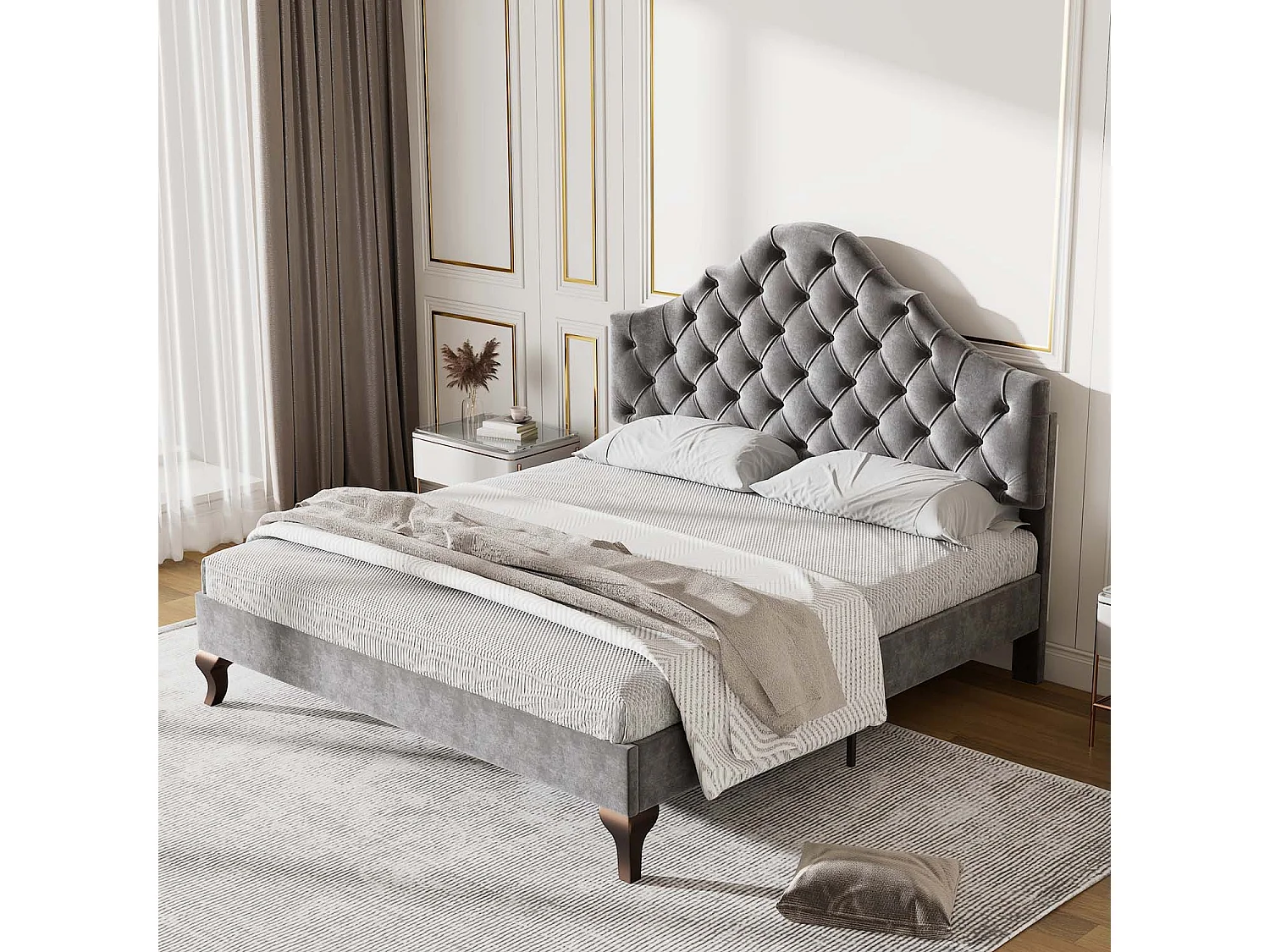 Letto imbottito 140x200 cm in velluto con testiera regolabile + rete a doghe - Grigio