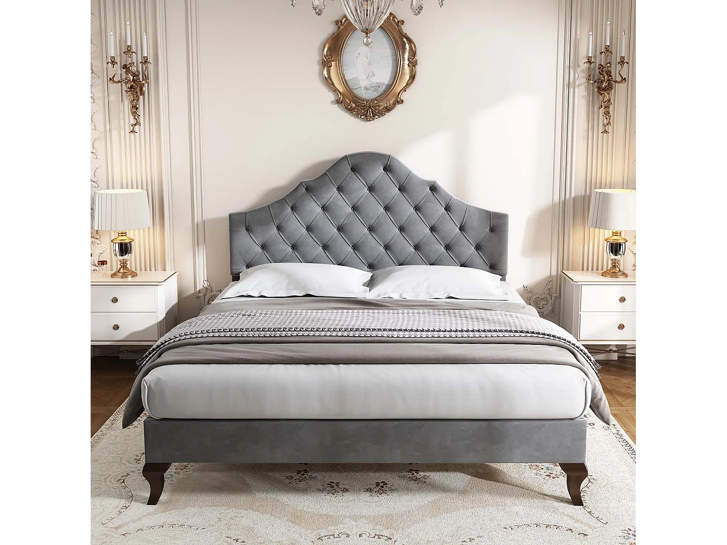 Letto imbottito 140x200 cm in velluto con testiera regolabile + rete a doghe - Grigio