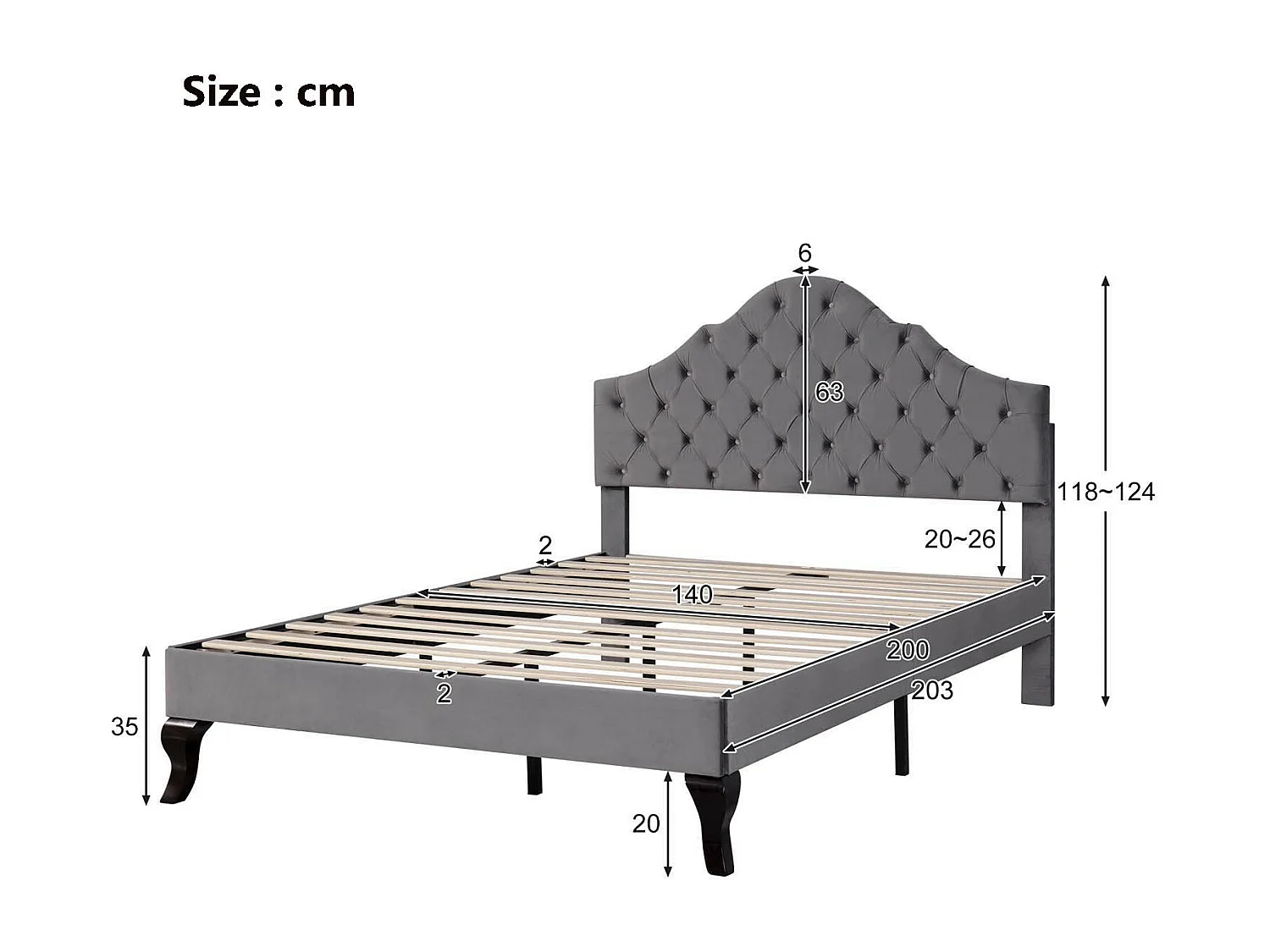 Letto imbottito 140x200 cm in velluto con testiera regolabile + rete a doghe - Grigio