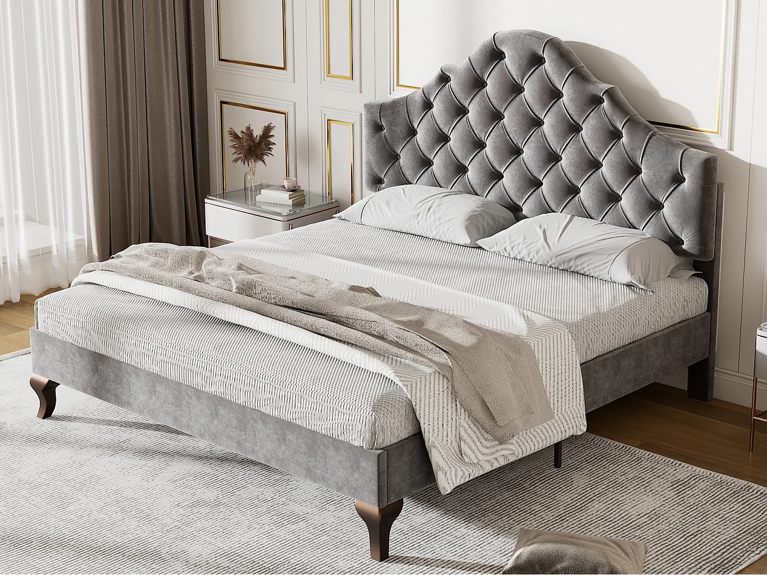 Lit rembourré 140x200cm en velours avec tête de lit réglable + sommier à lattes - Gris