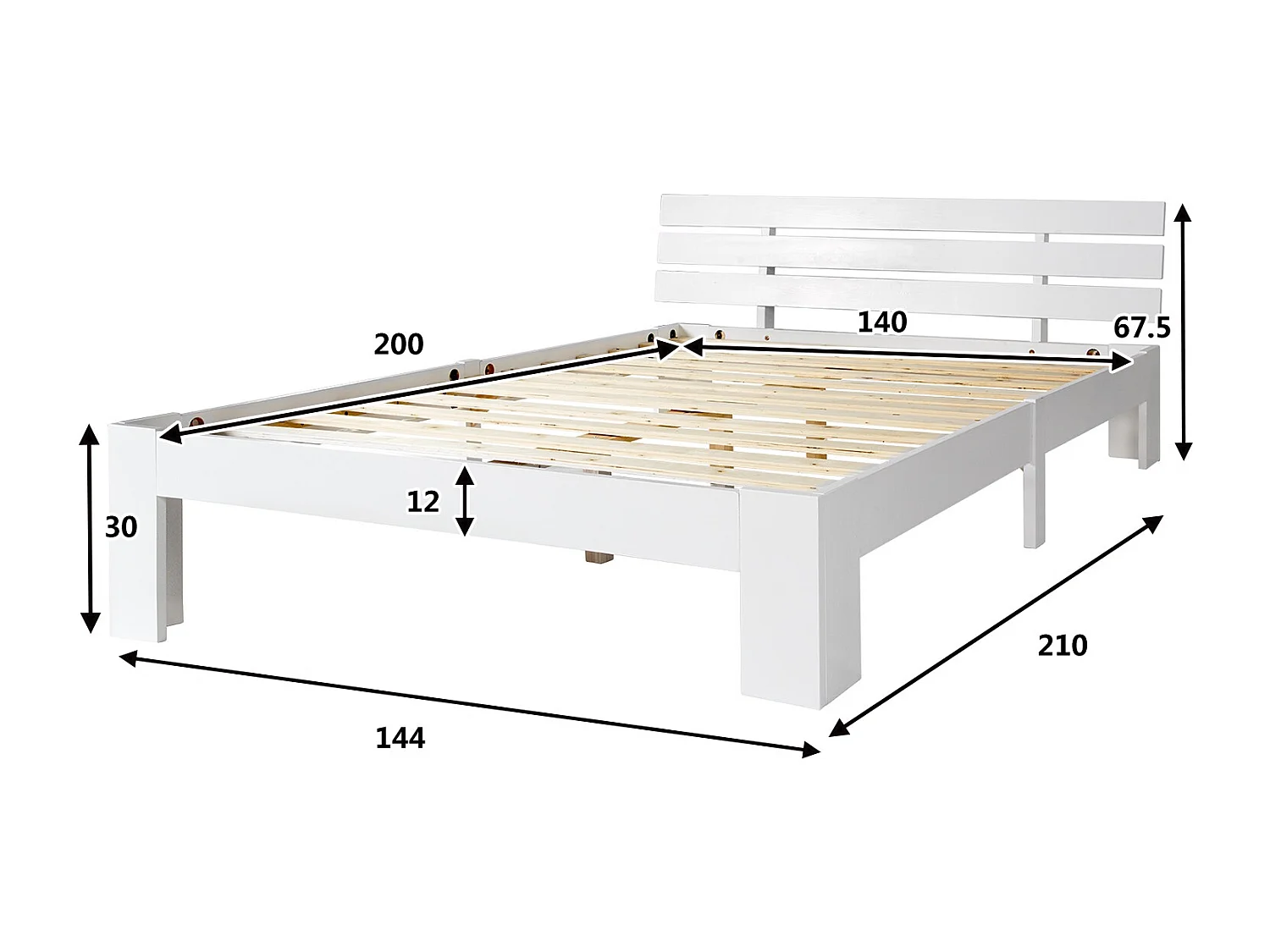 Lit adulte en bois massif avec sommier à latte - 140x200 cm - blanc