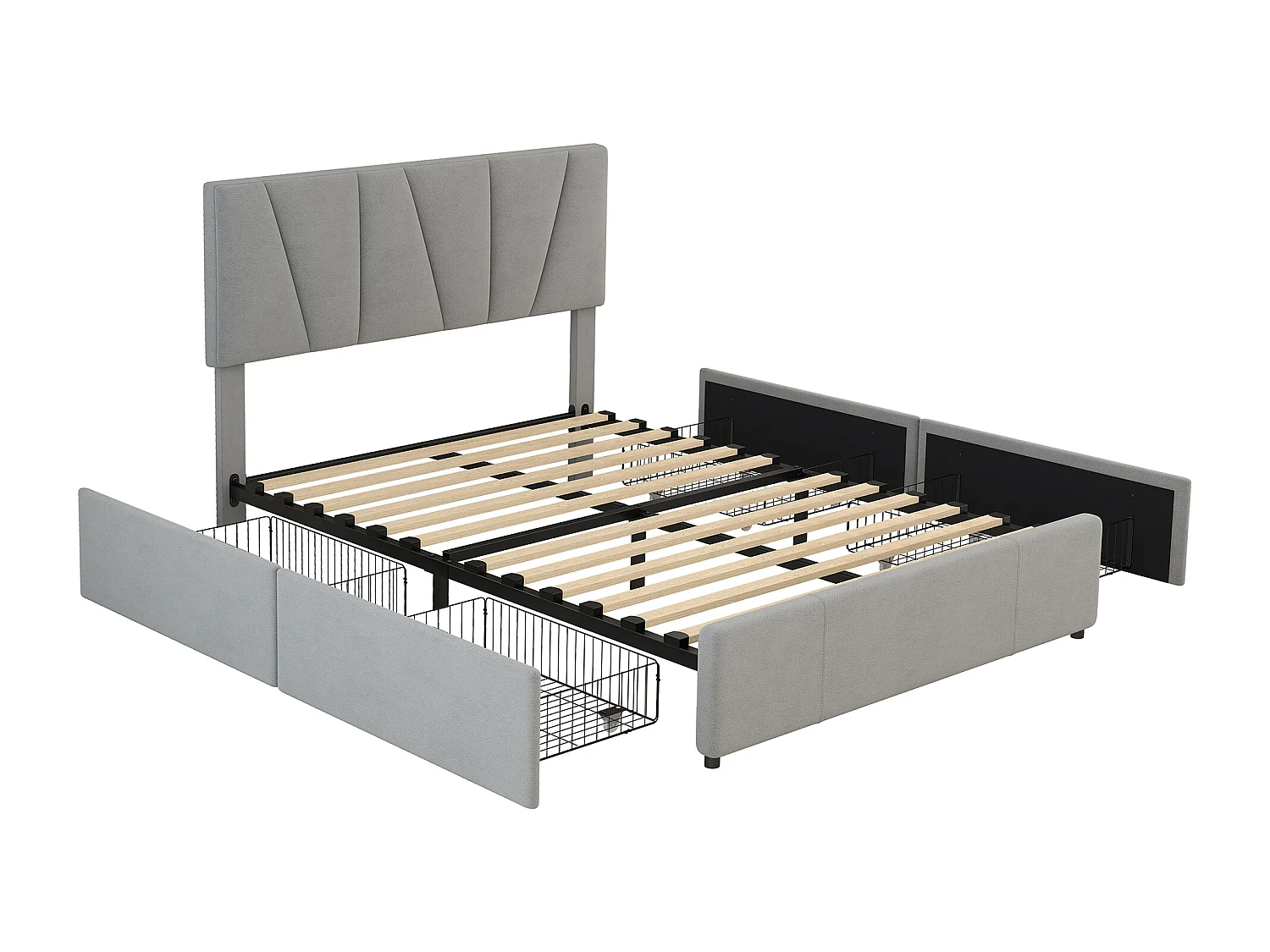 Gewatteerd volwassenenbed 140x200cm in fluweel - met 4 lades en verstelbaar hoofdeinde - Grijs