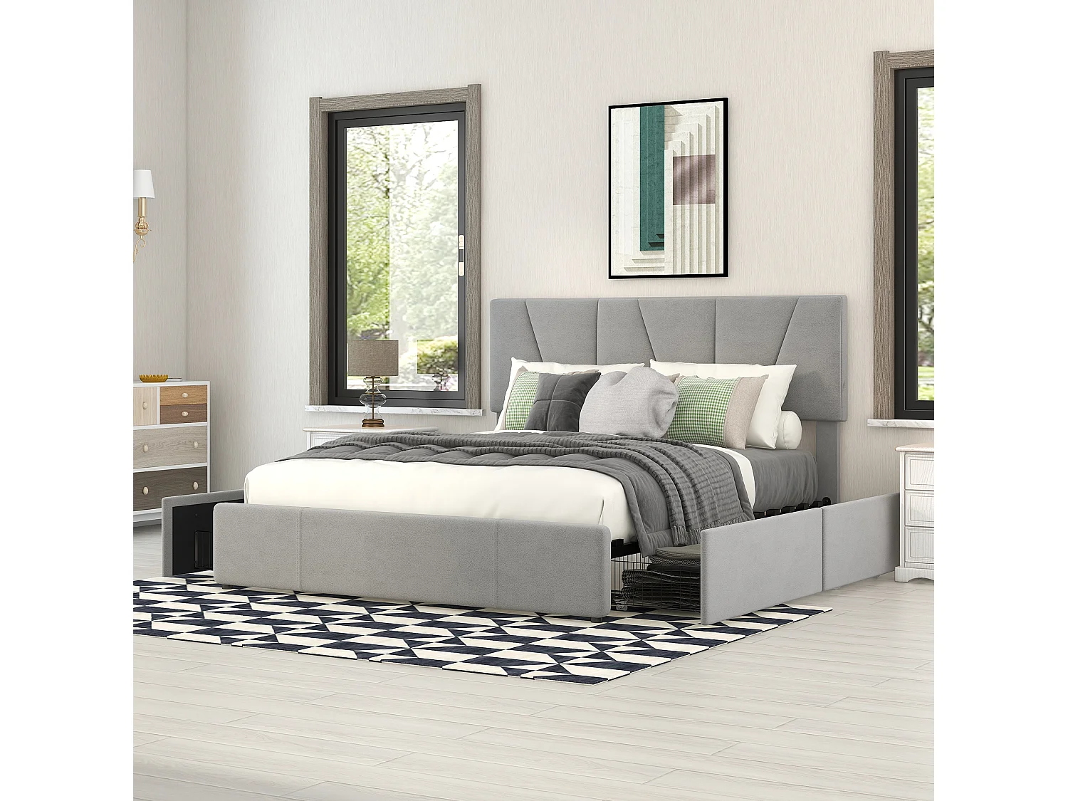 Gewatteerd volwassenenbed 140x200cm in fluweel - met 4 lades en verstelbaar hoofdeinde - Grijs