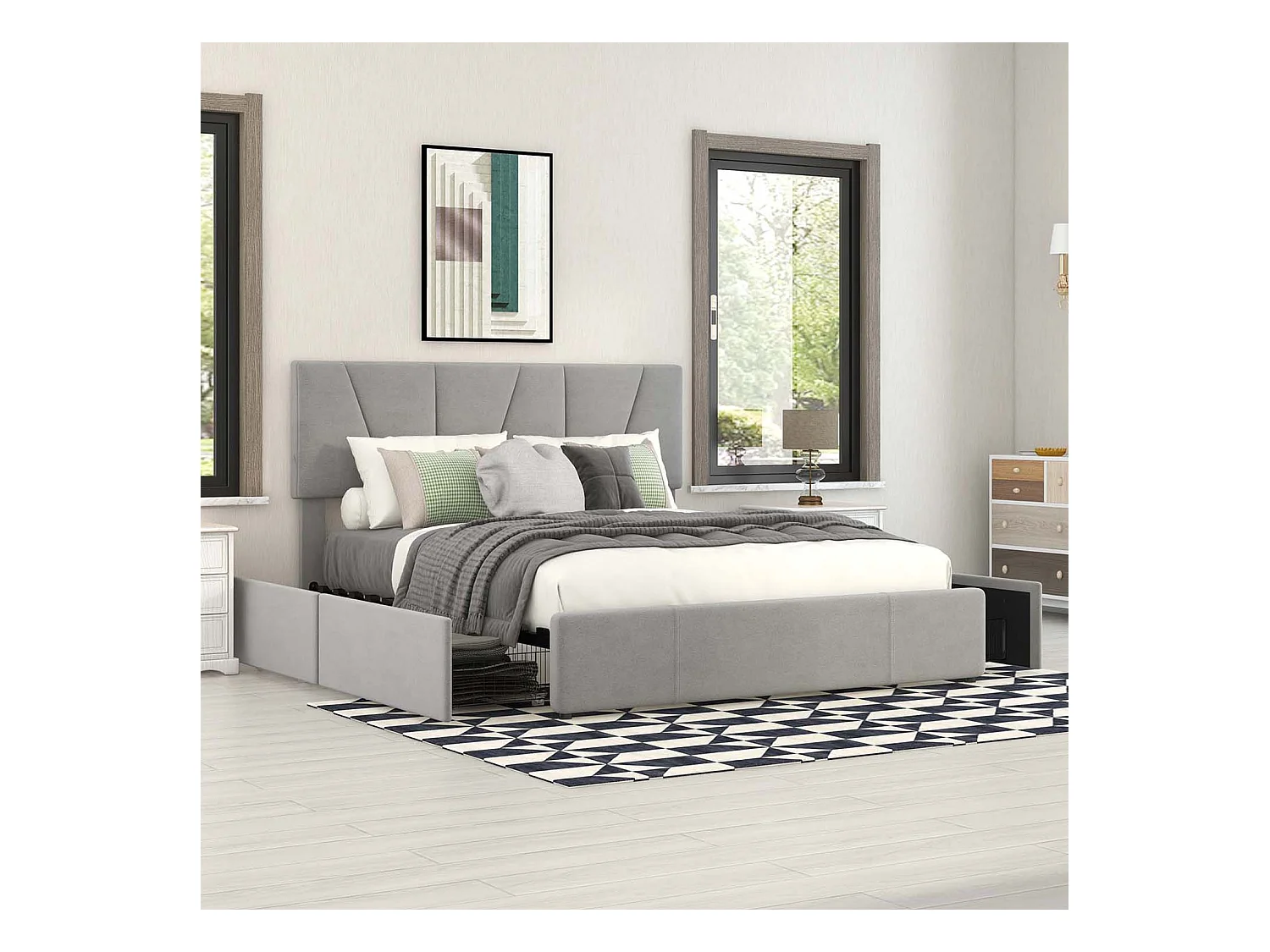 Lit cappitonné 140x200cm tissu en velours avec 4 tiroirs et tête de lit réglable - Gris