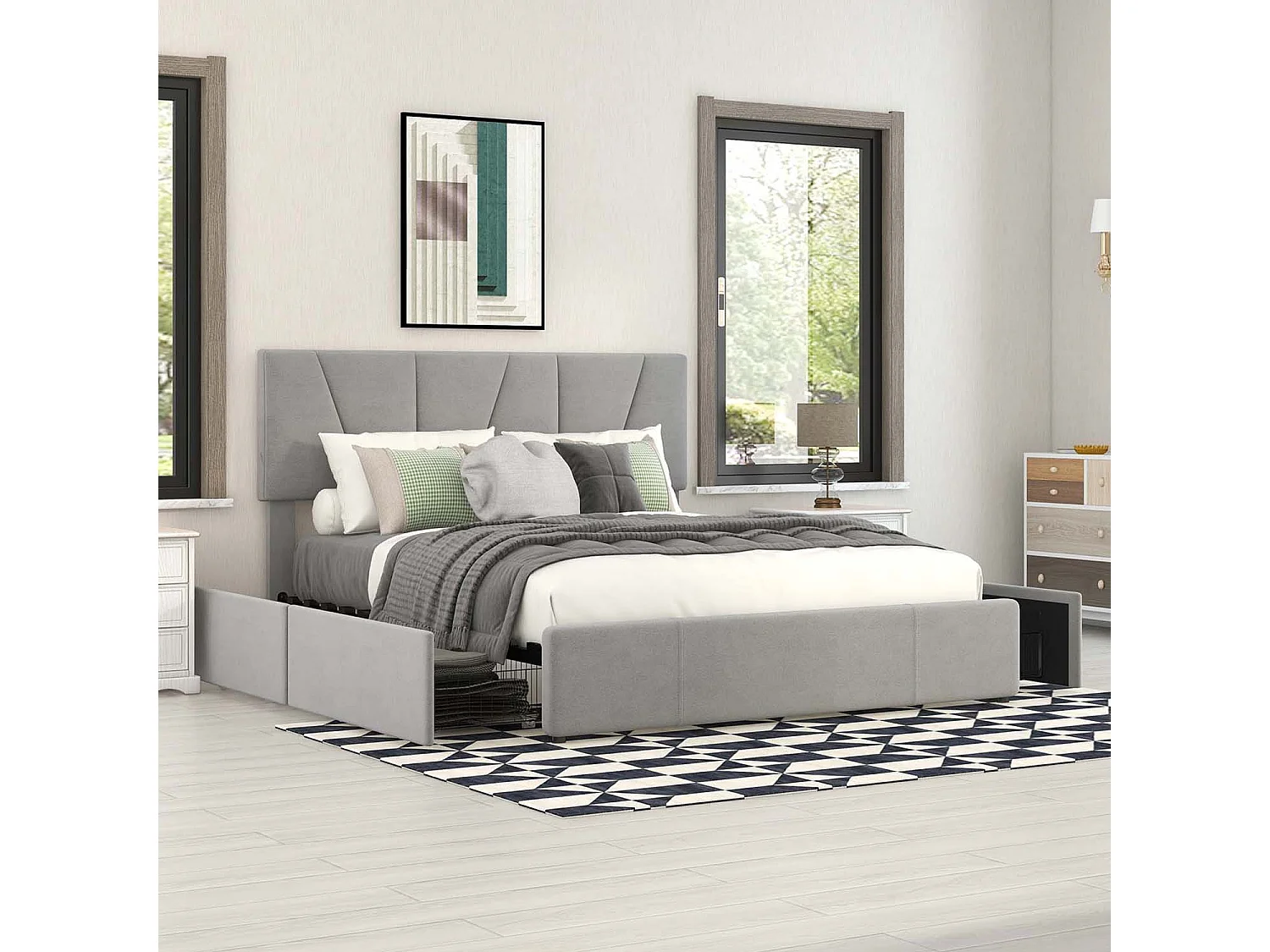 Lit cappitonné 140x200cm tissu en velours avec 4 tiroirs et tête de lit réglable - Gris