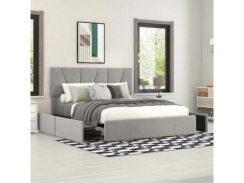 Lit cappitonné 140x200cm tissu en velours avec 4 tiroirs et tête de lit réglable - Gris