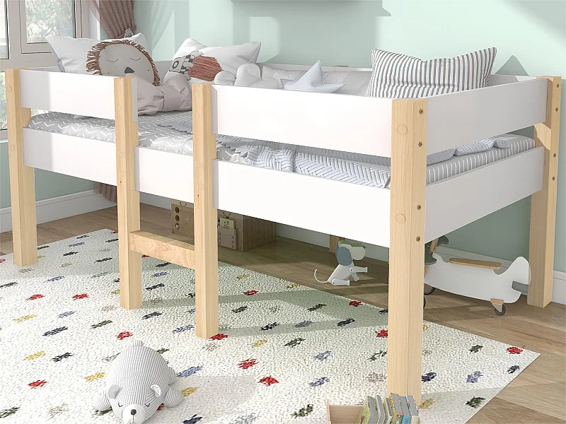 Cama alta con barandillas de seguridad - madera maciza de pino - 90x190 cm - Blanco