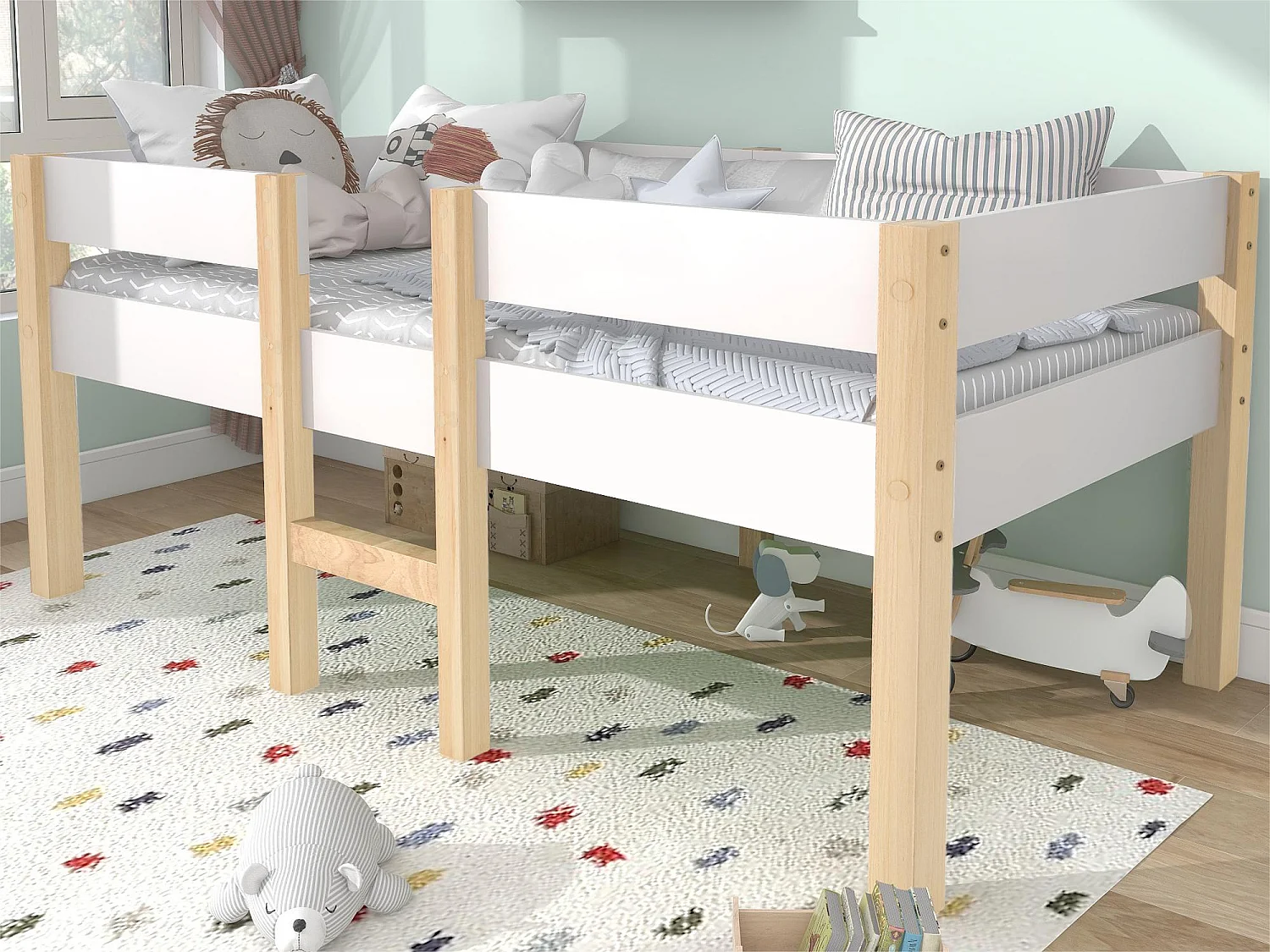 Cama alta con barandillas de seguridad - madera maciza de pino - 90x190 cm - Blanco