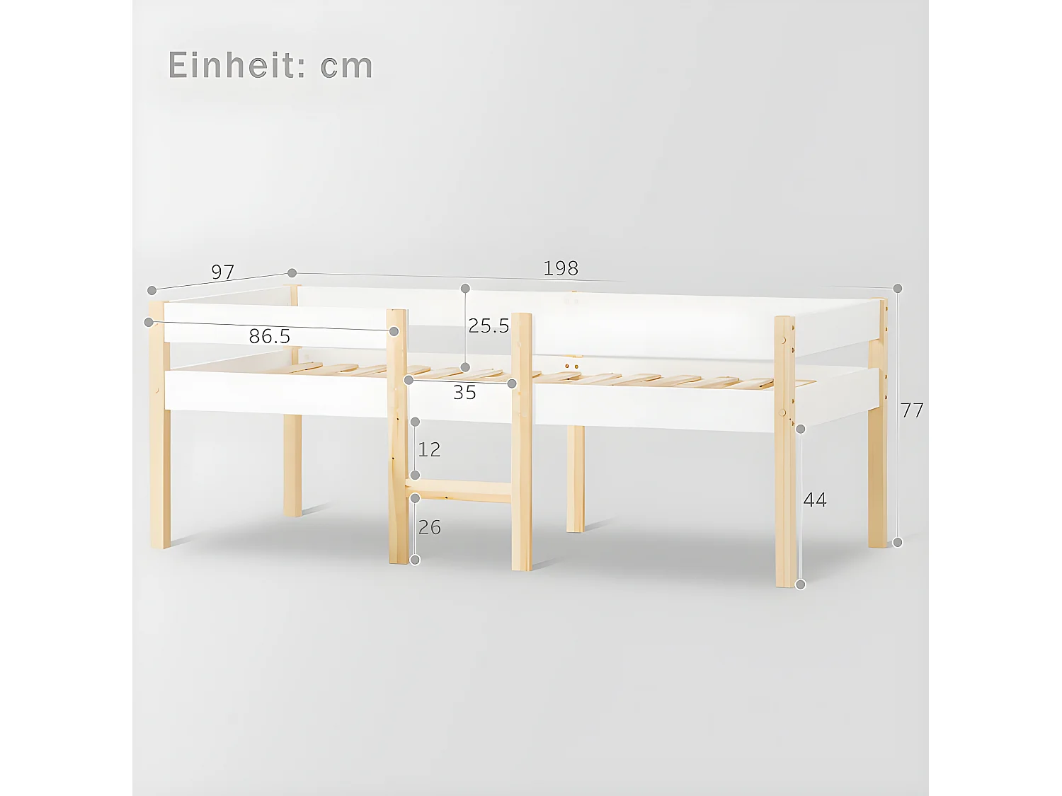 Hochbett mit Sicherheitsgeländer – massives Kiefernholz – 90 x 190 cm – Weiß