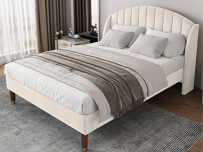 Letto imbottito 140x200cm in velluto con rete a doghe - Beige