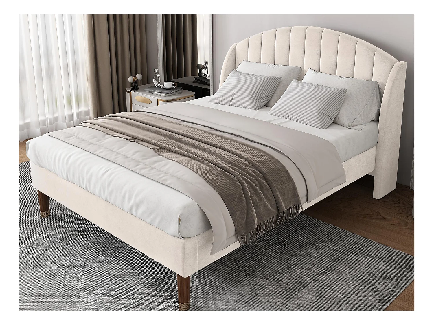 Lit rembourré 140x200cm en velours avec sommier à lattes - Beige