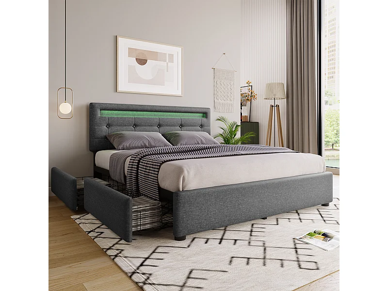 Lit coffre 140x200cm en lin avec LED + 2 tiroirs + sommier à lattes - Noir