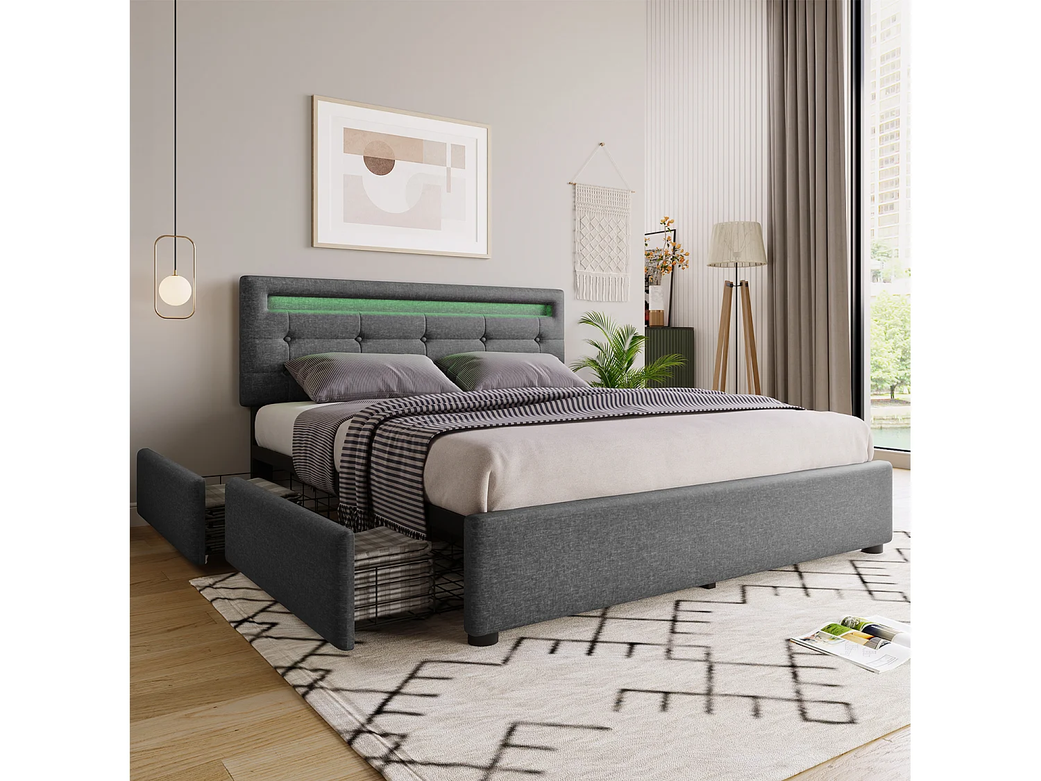 Lit coffre 140x200cm en lin avec LED + 2 tiroirs + sommier à lattes - Noir