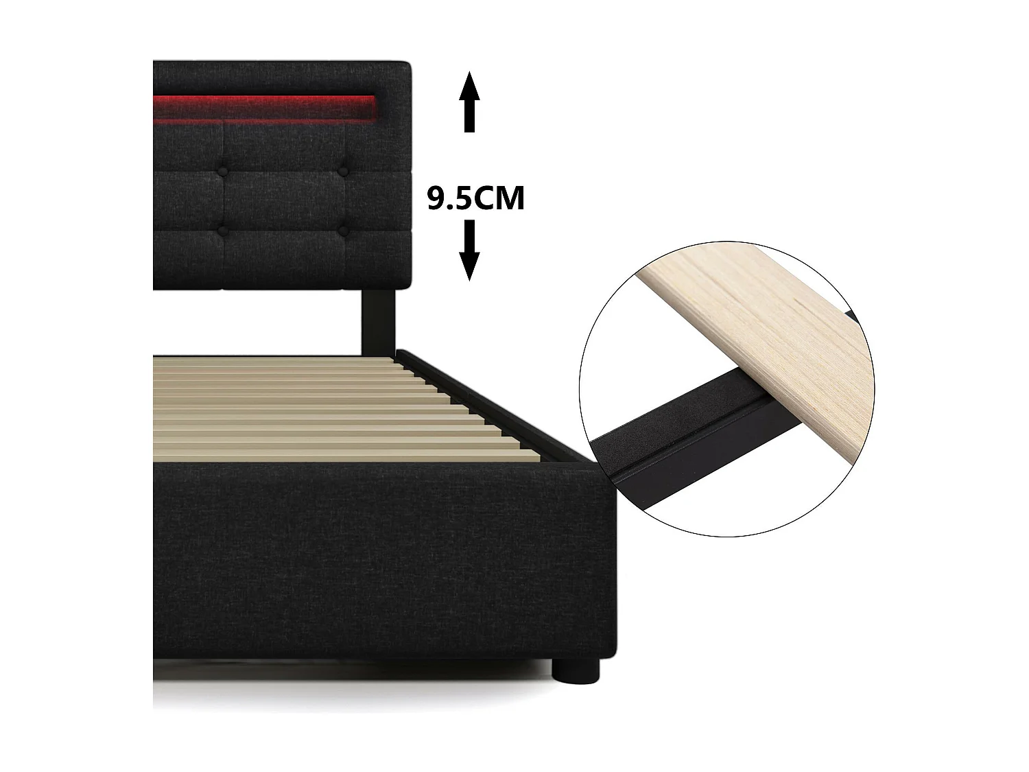 Lit coffre 140x200cm en lin avec LED + 2 tiroirs + sommier à lattes - Noir