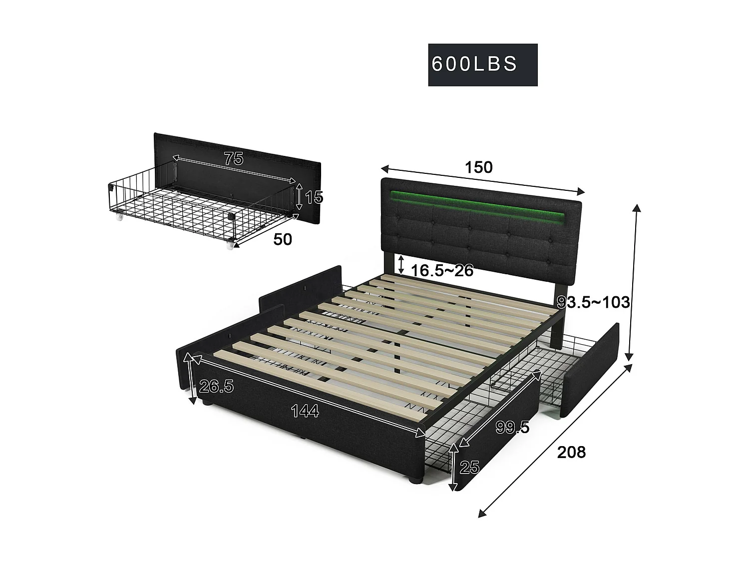 Lit coffre 140x200cm en lin avec LED + 2 tiroirs + sommier à lattes - Noir