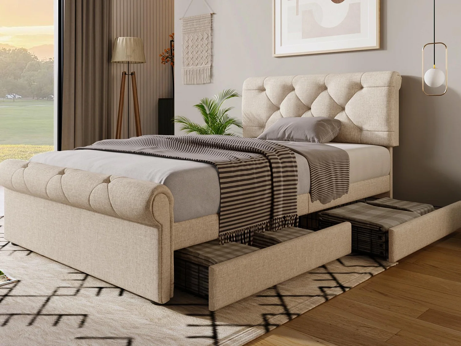 Gestoffeerd bed in linnenstof - 90x200cm - met 2 lades - verstelbaar hoofdeinde - Licht naturel