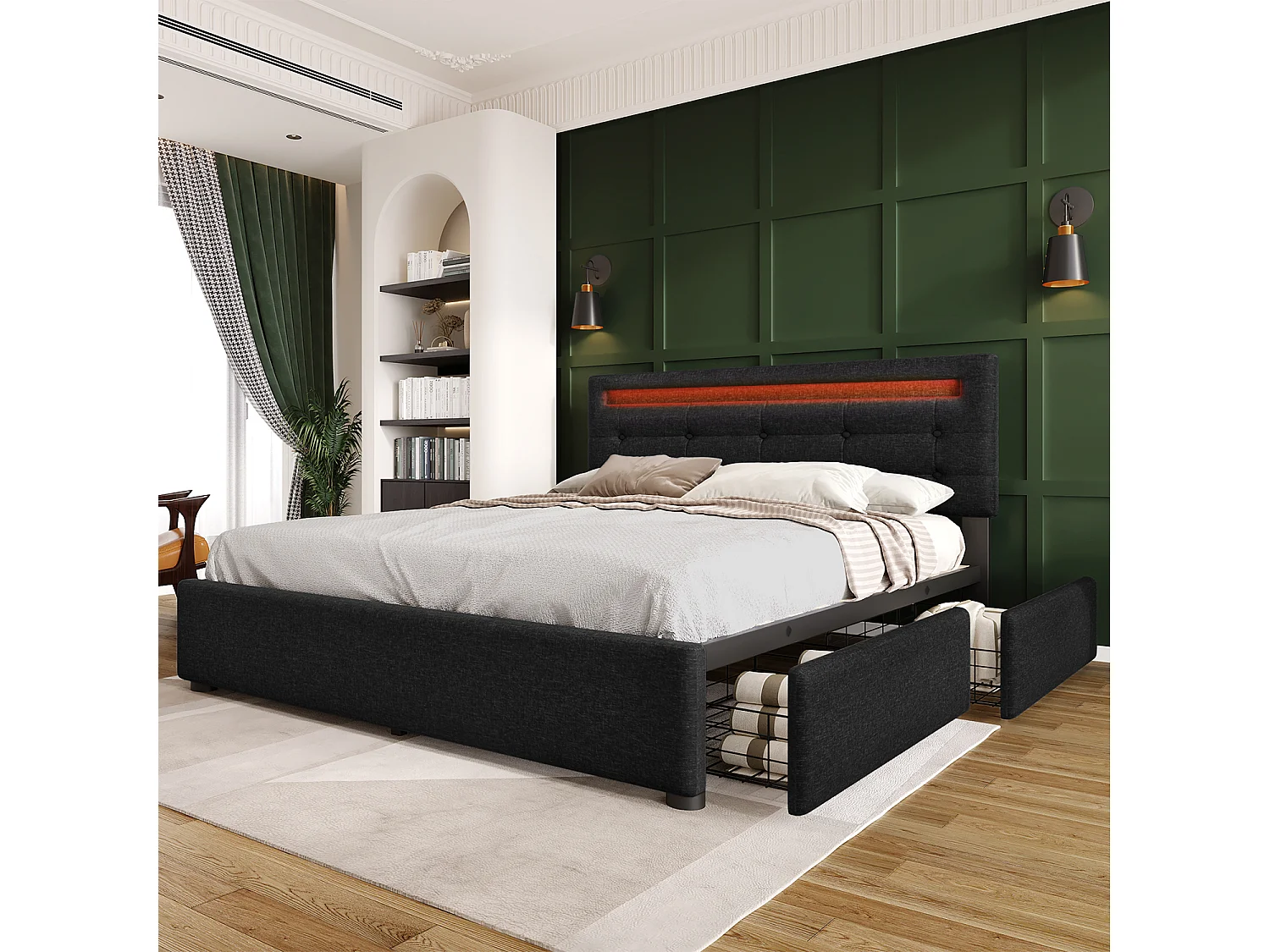 Lit coffre 140x200cm en lin avec LED + 2 tiroirs + sommier à lattes - Gris