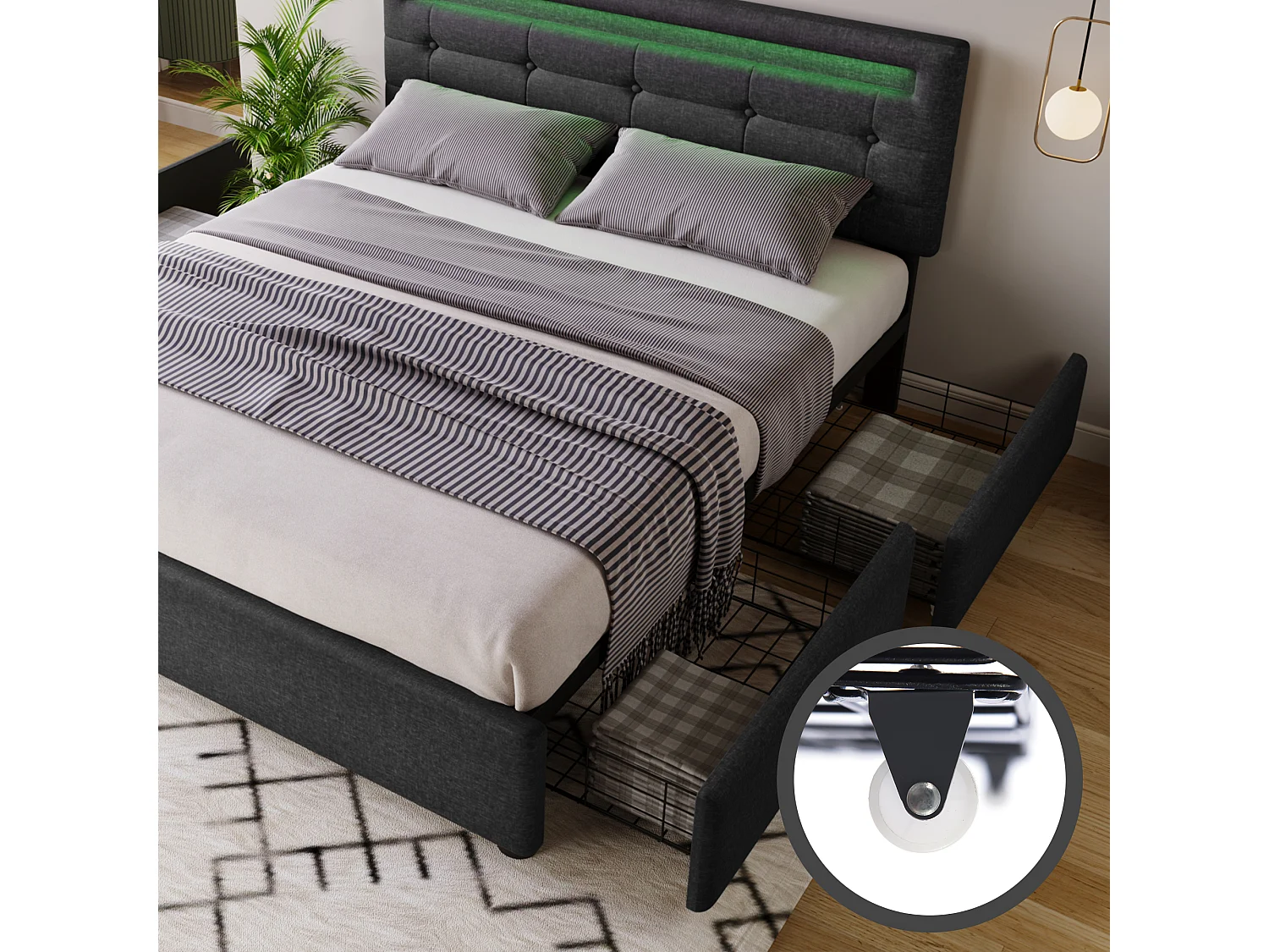 Lit coffre 140x200cm en lin avec LED + 2 tiroirs + sommier à lattes - Gris