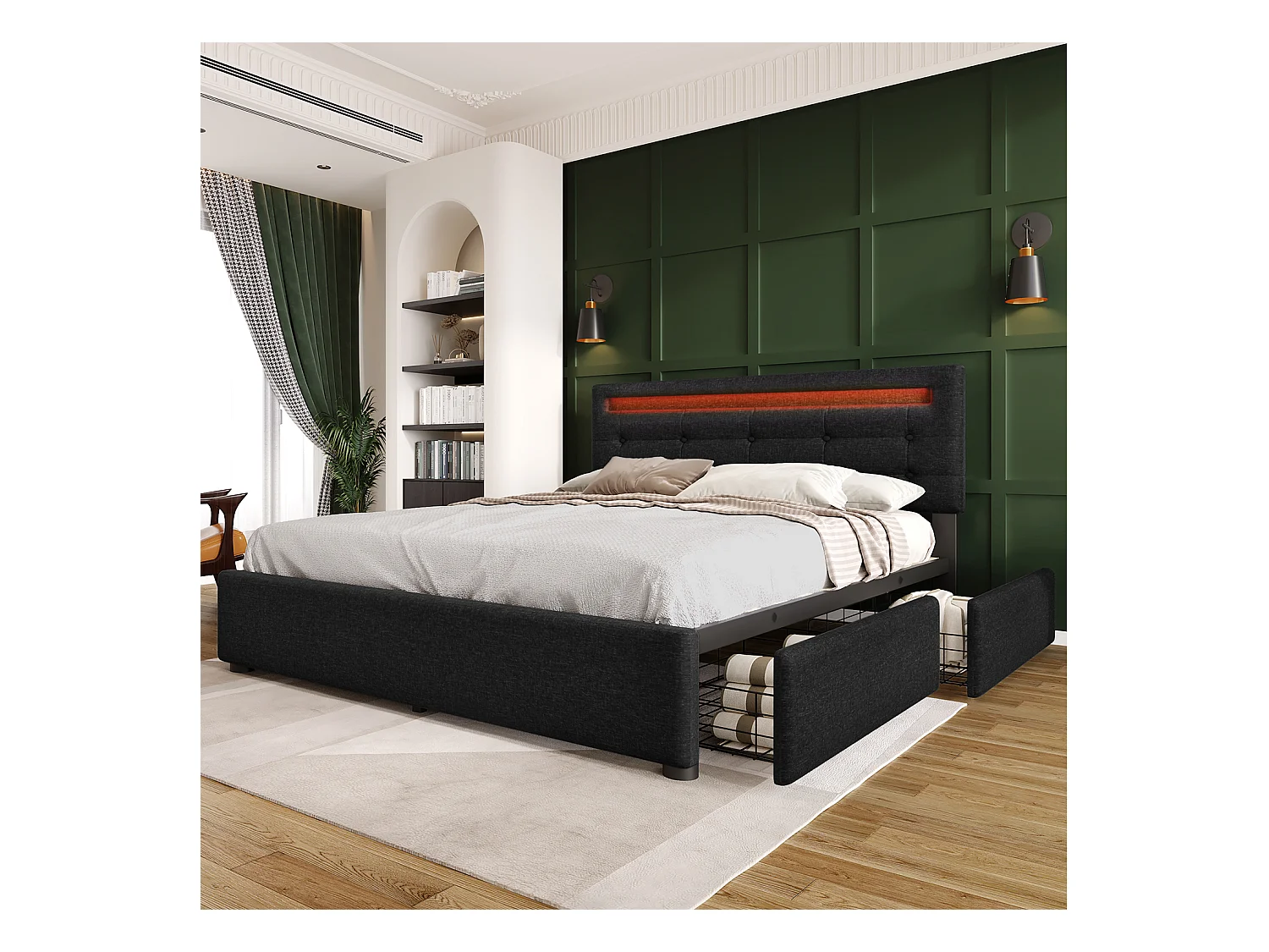 Linnenopbergbed 140x200cm met LED + 2 lades + lattenbodem - Grijs