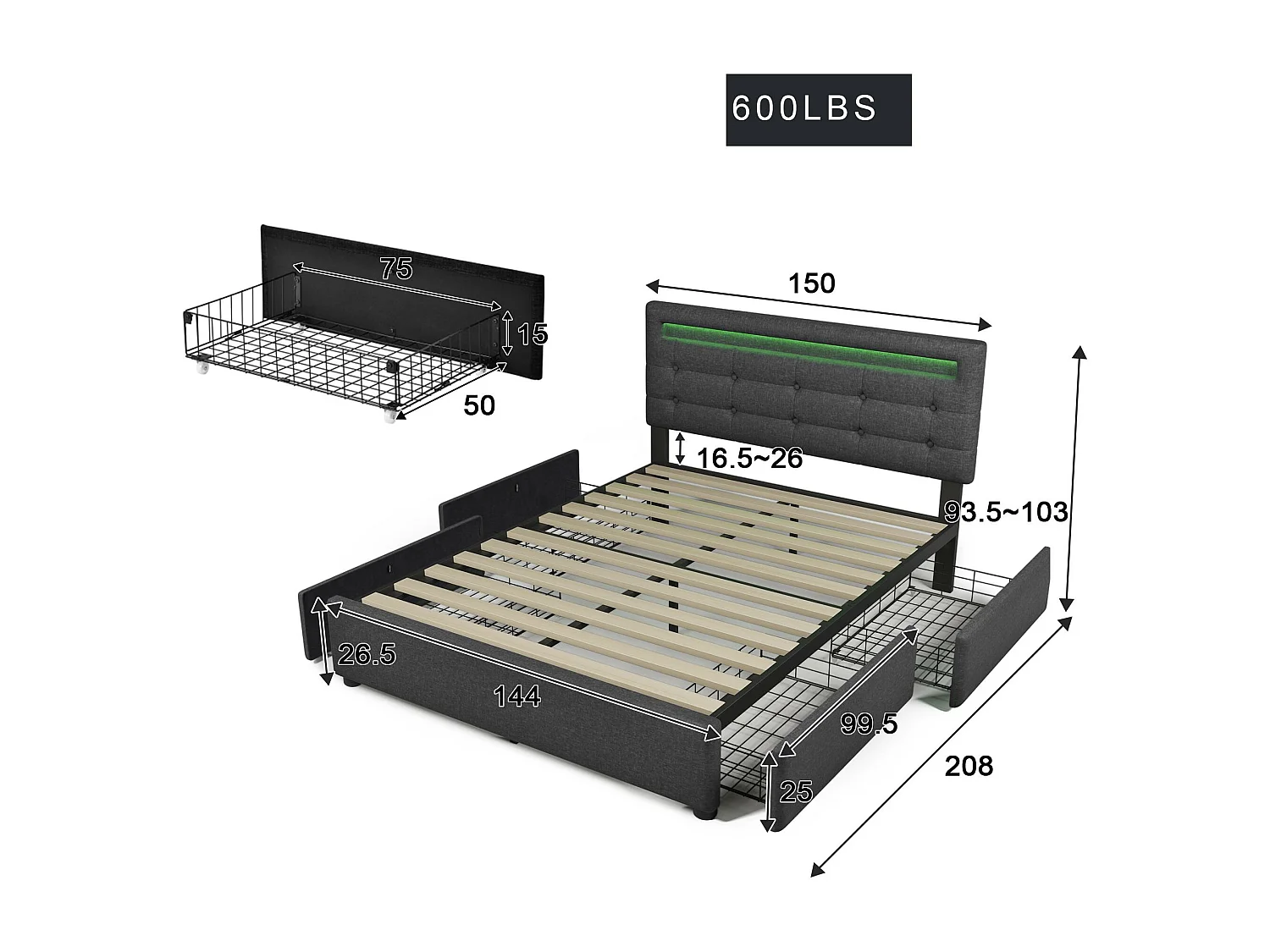 Lit coffre 140x200cm en lin avec LED + 2 tiroirs + sommier à lattes - Gris