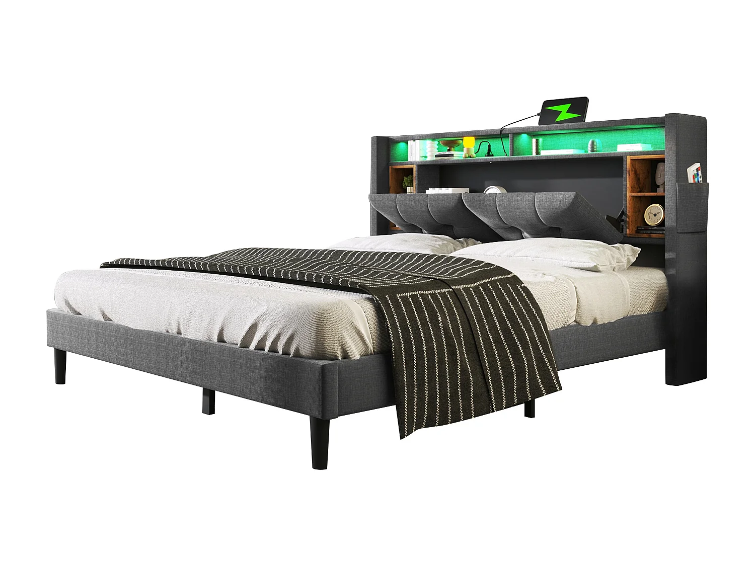 Letto matrimoniale imbottito 160x200cm in lino con LED e porta di ricarica USB - rete a doghe - Grigio