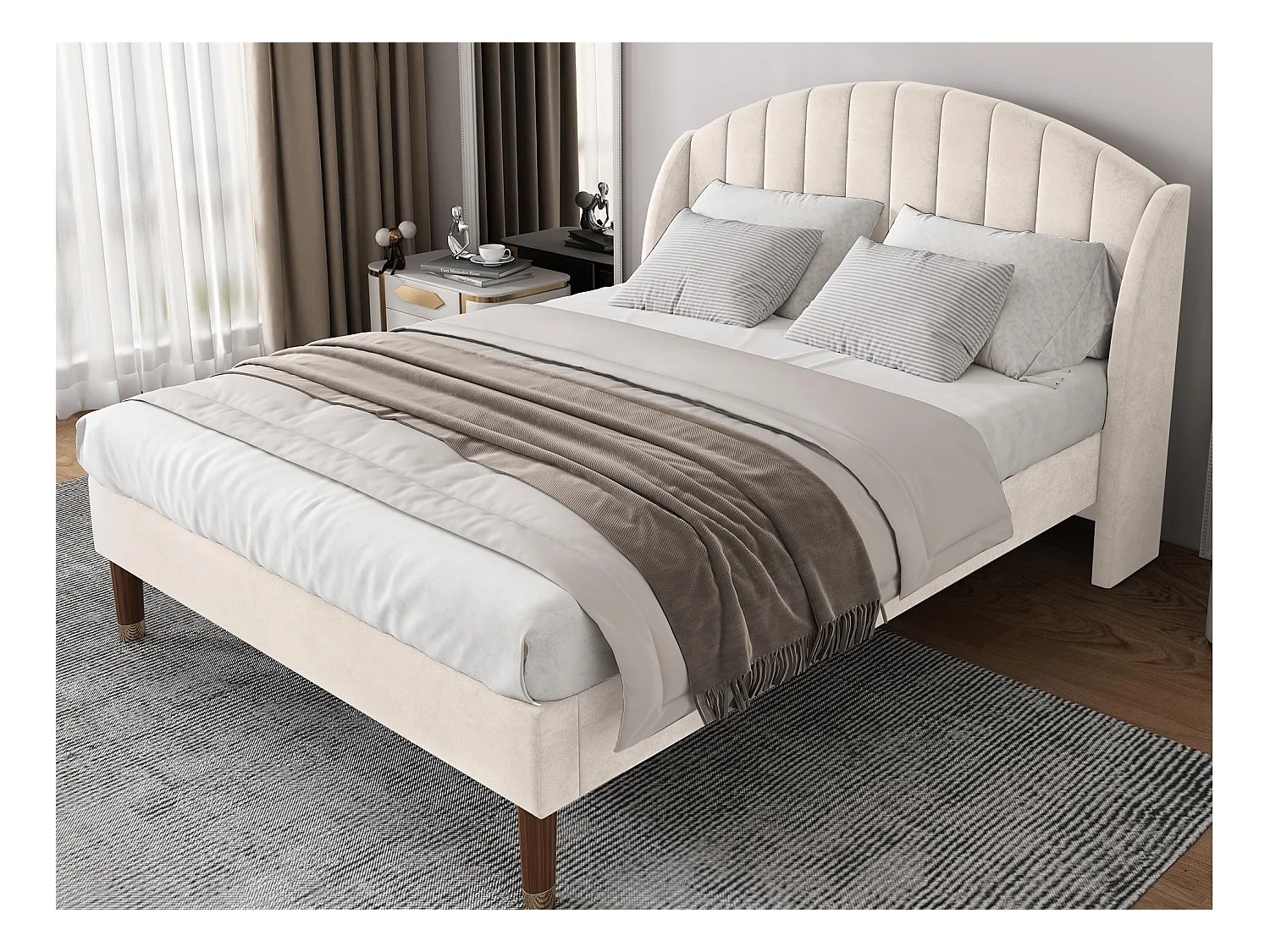 Lit rembourré 160x200cm en velours avec sommier à lattes - Beige