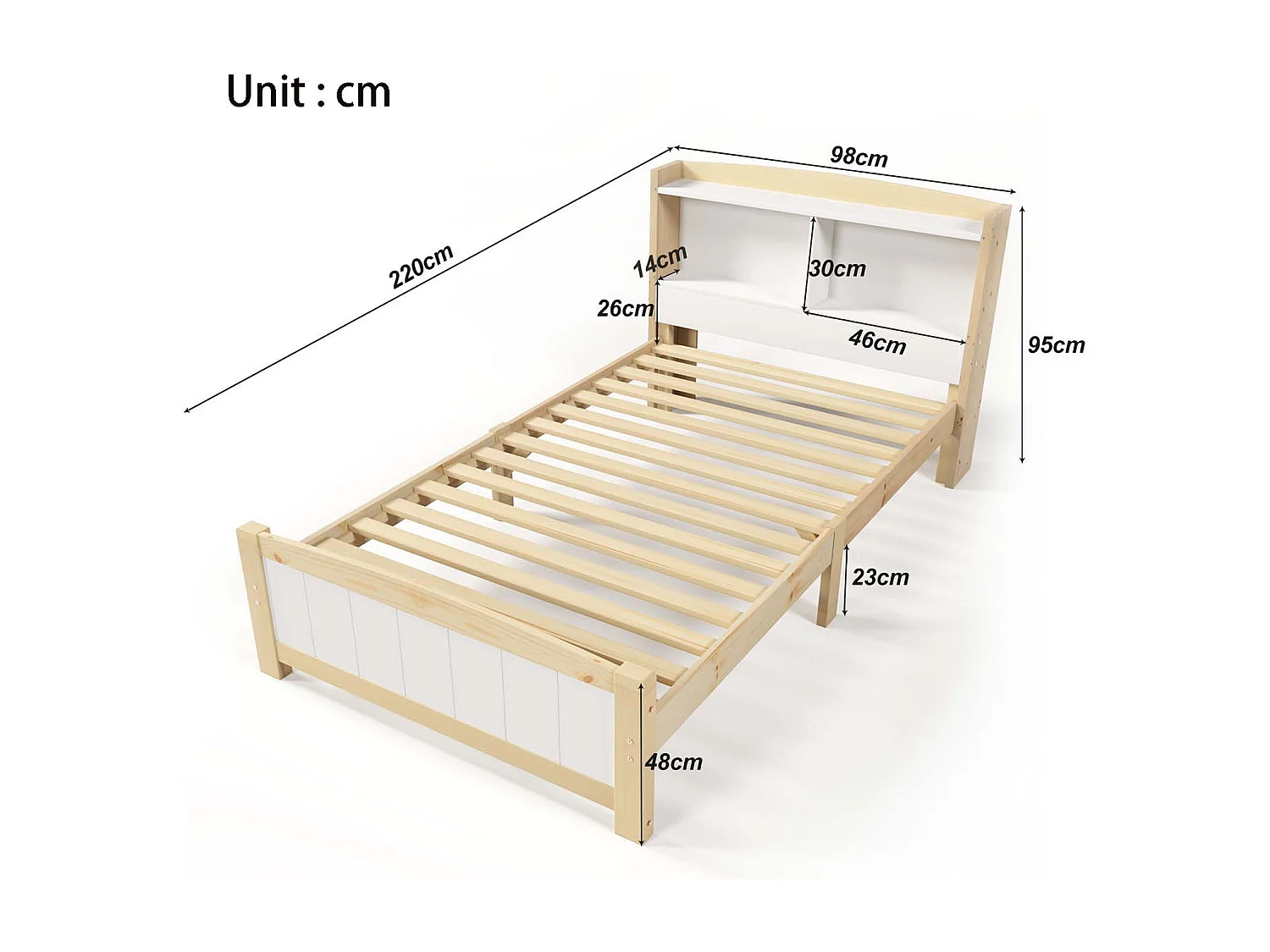 Kinderbett aus Massivholz mit Kopfteil und Lattenrost – 90 x 200 cm – Natur und Weiß