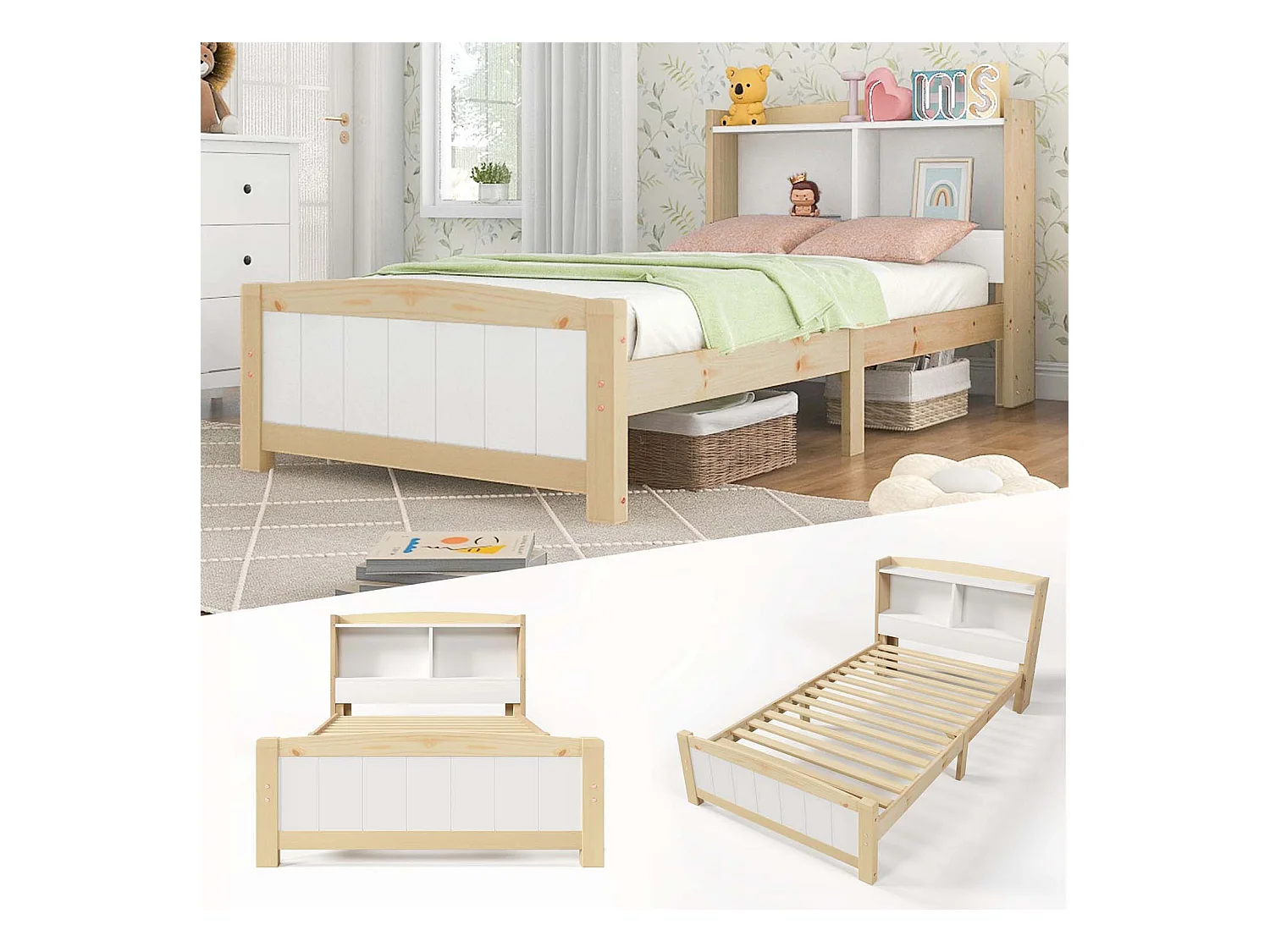 Lit enfant en bois massif avec tête de rangement + sommier à lattes - 90x200cm - naturel & blanc