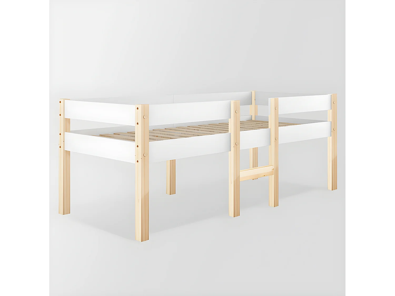 Lit mezzanine avec barrières de sécurité - en bois de pin massif - 90x200 cm - Blanc