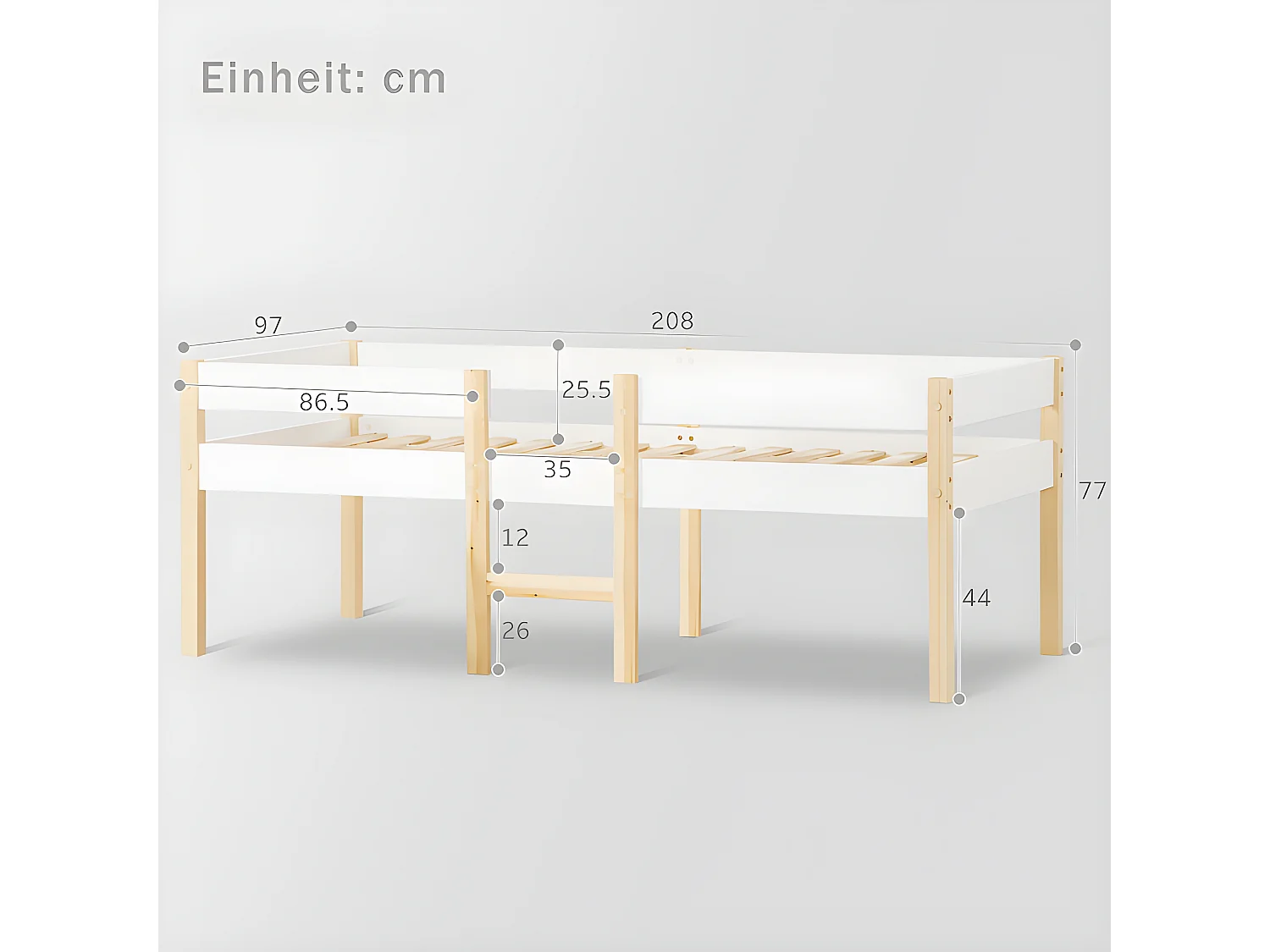 Lit mezzanine avec barrières de sécurité - en bois de pin massif - 90x200 cm - Blanc