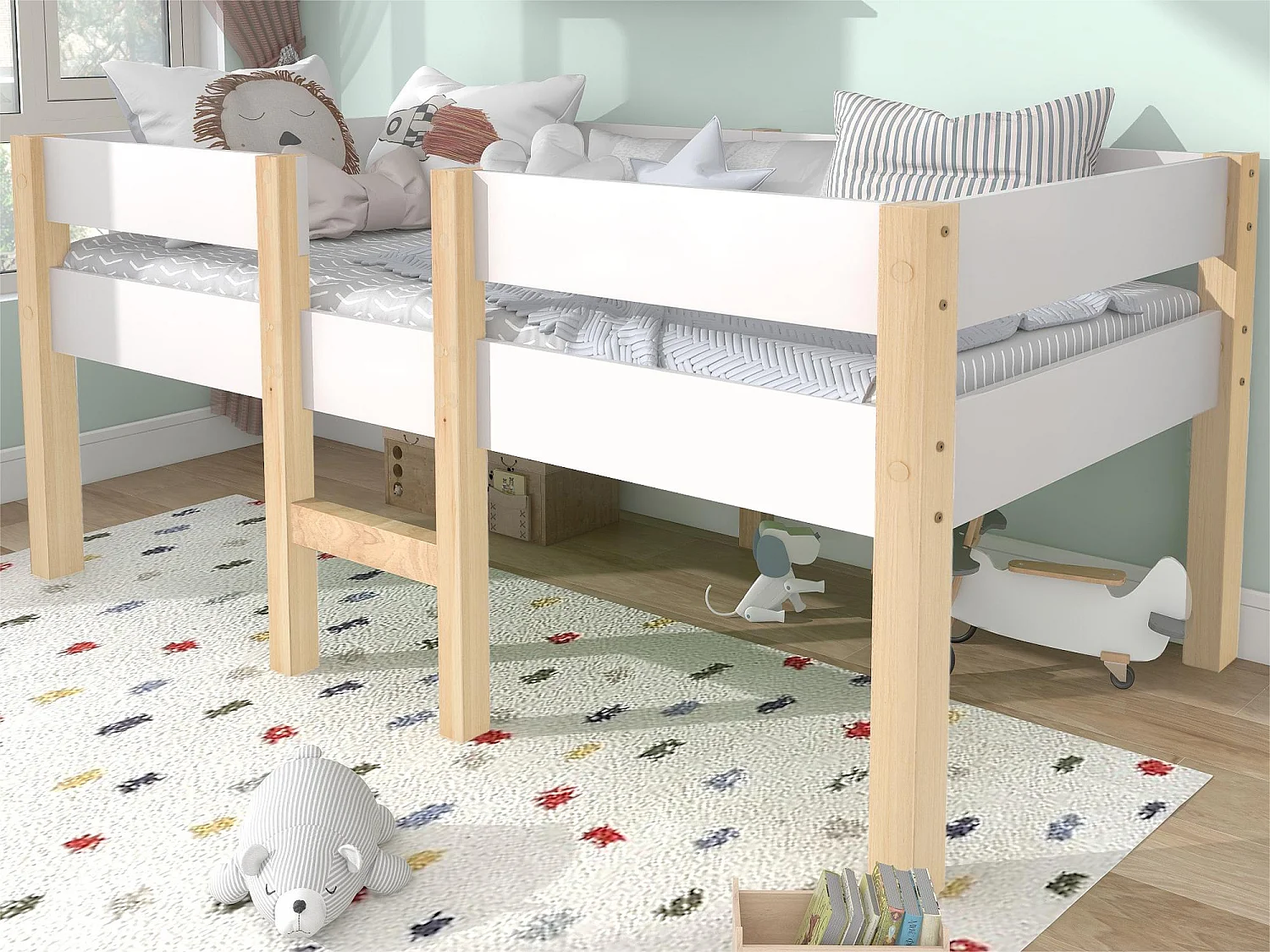 Letto a soppalco con sponde di sicurezza - legno di pino massiccio - 90x200 cm - Bianco