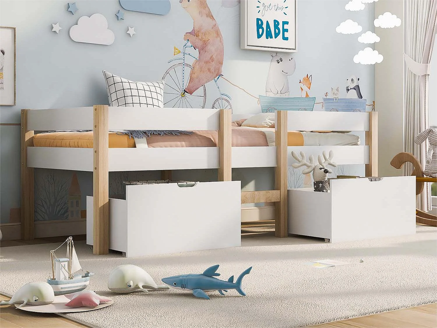 Cama entrepiso de pino macizo con cajones - 90x190 cm - Blanco -